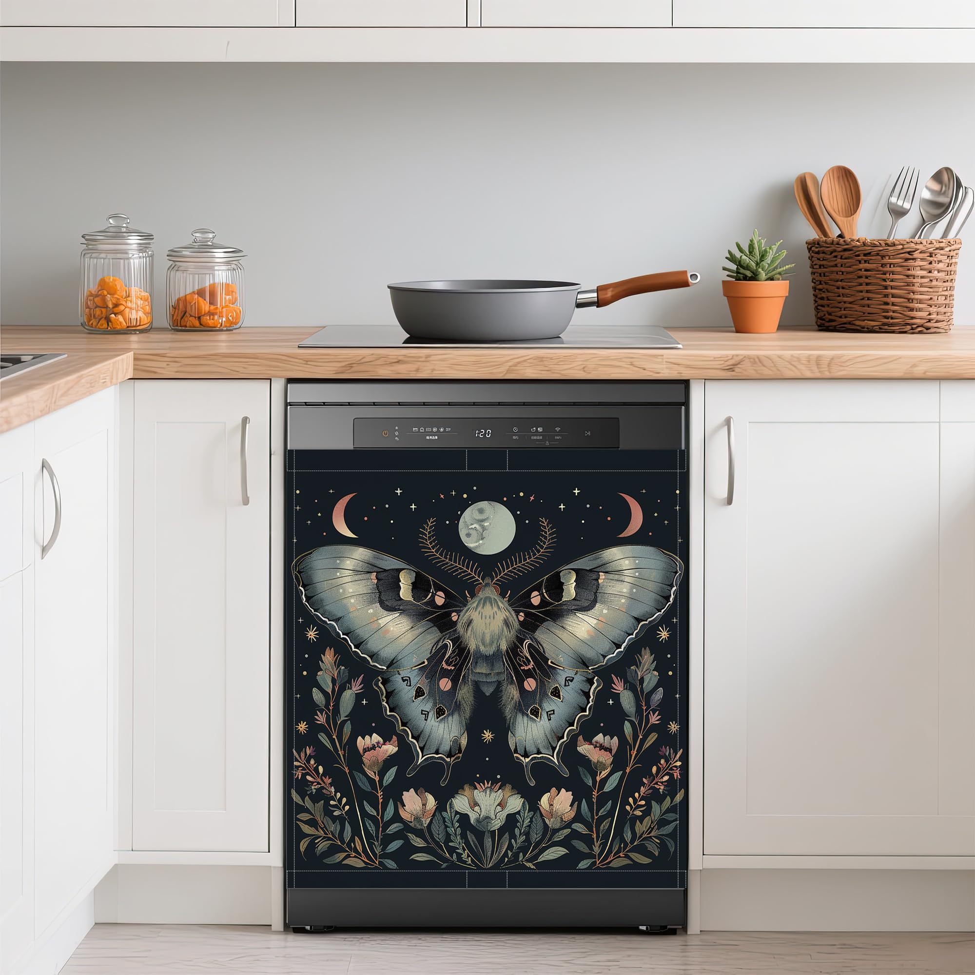 Gothic Moth Dishwasher Covers for The Front Magnetic,Vintage Flowers Moon Refrigerator Magnets Decoration,Reusable Dishwasher Cover Panel for Home Kitchen Decor 23x26 Inch