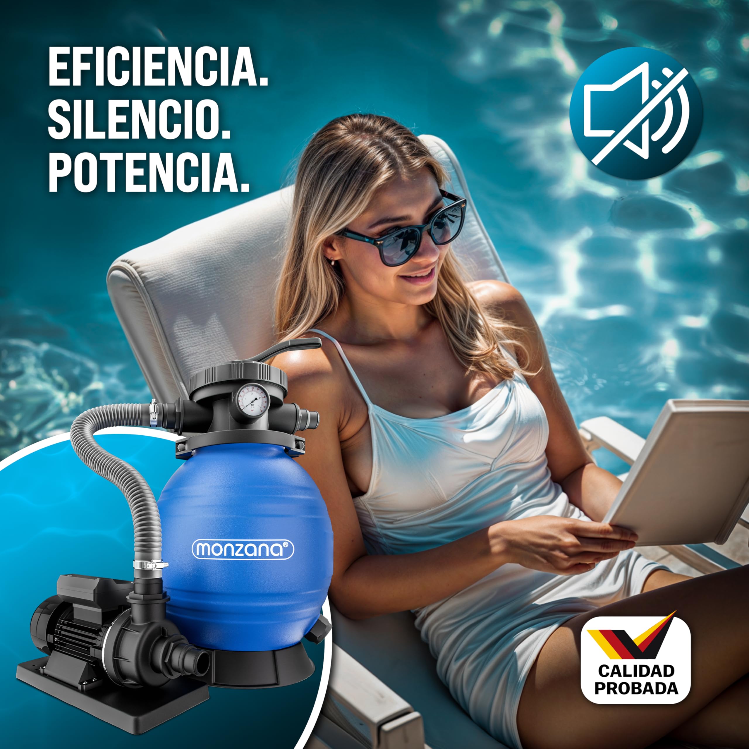 MONZANA® Depuradora Piscina 10.200 L/h Filtro de Arena hasta 35.000 L Bomba 400W Válvula 7 Funciones Filtrado Adaptador Ø32-38 mm Indicador de Presión