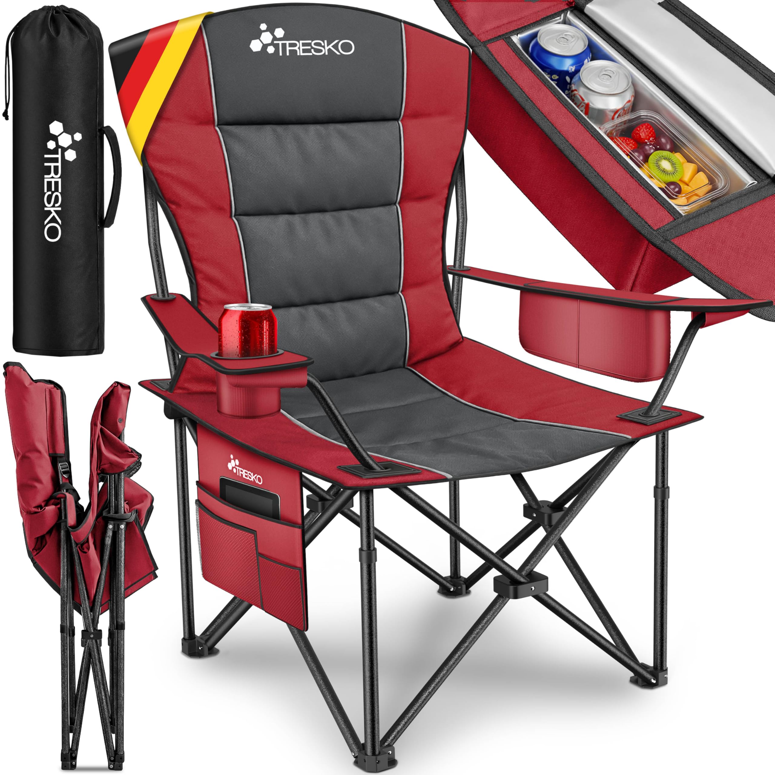 TRESKO® Chaise de Camping Pliante et transportable | jusqu'à 150 kg | Chaise de pêche Portable avec accoudoirs et Porte-gobelets (Rouge)