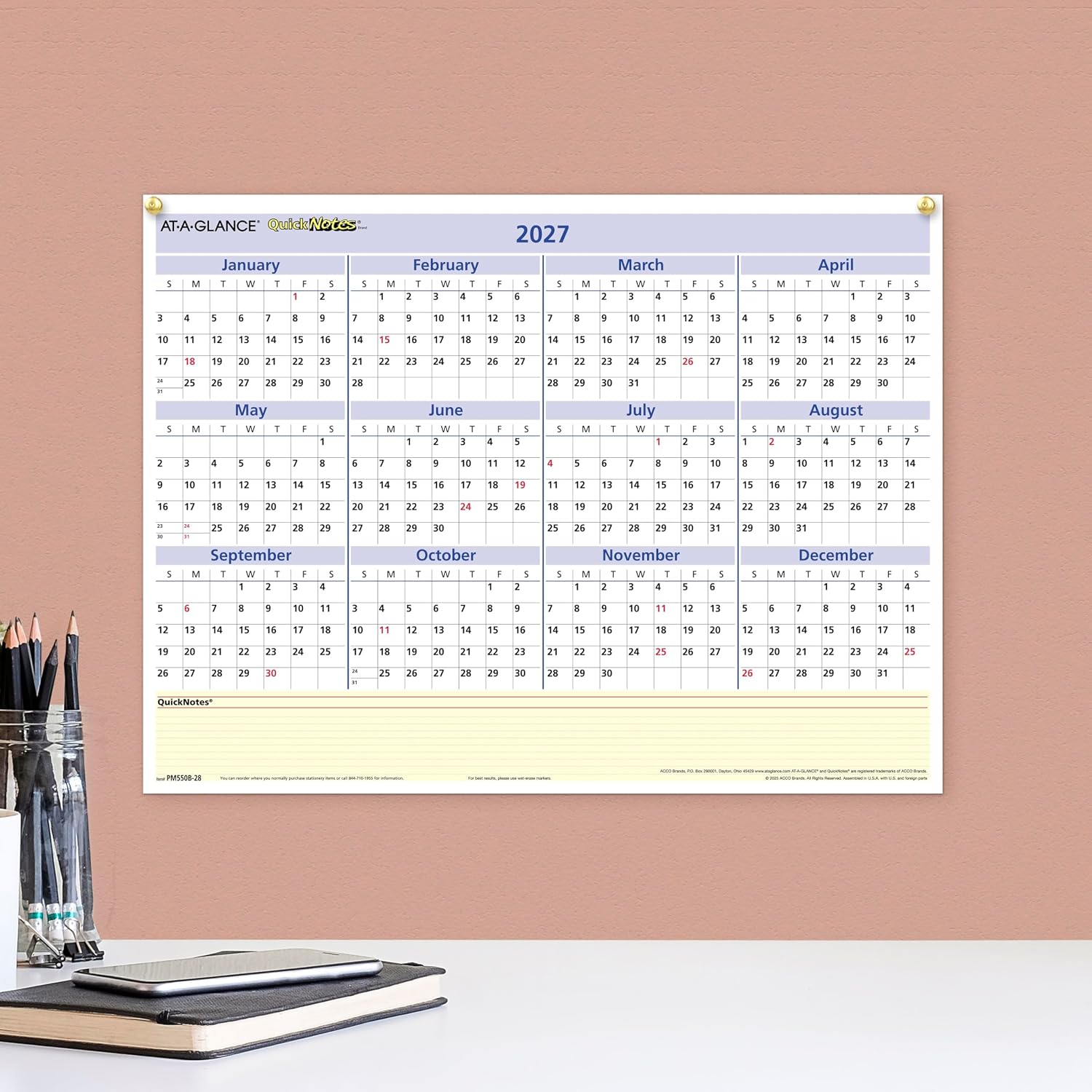 AT-A-GLANCE 2027 Erasable Calendar, Dry Erase Wall Planner, 16" x 12", Reversible, QuickNotes (PM550B2827) image 3