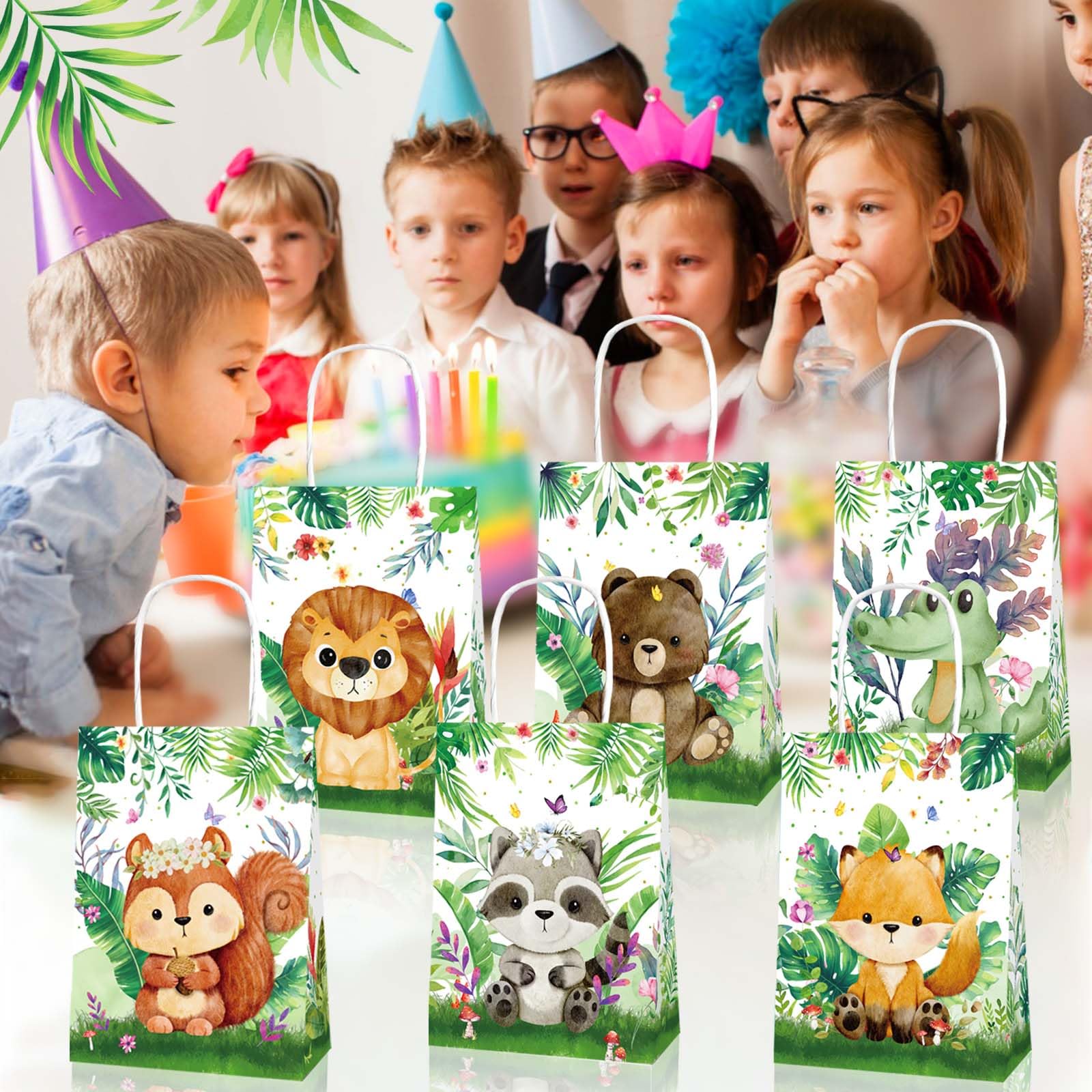 Sacchetti Per Feste A Tema Giungla E Animali - 12 Pezzi Con 18 Adesivi Sigillanti, Perfetti Per Caramelle Halloween E Regali Compleanno Bambini, 22x13x8 Cm