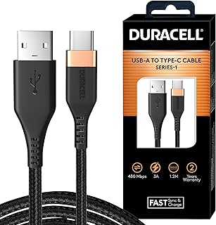 Duracell Usb-A To Type C, 65W Braided Sync&Fast Charging USB Cable, 3.9 Feet(1.2M), Qc 2.0/3.0 Ultra Fast Charging, For Samsung, Mi, Realme, Oppo, One Plus, Seamless Data Transmission, Series 1,Black