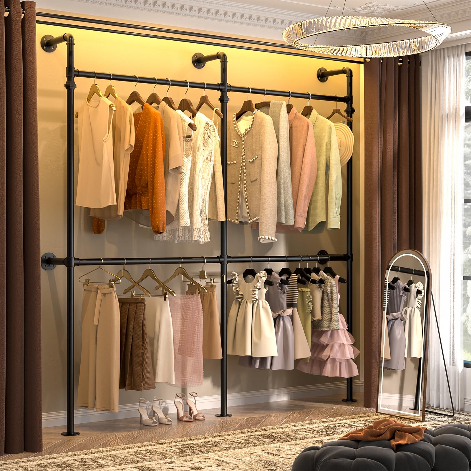 Aheaplus Industrial Pipe Clothing Rack Reversible 6 75FT Clothes Rack for Hanging Clothes Heavy Duty Garment Racks Wall