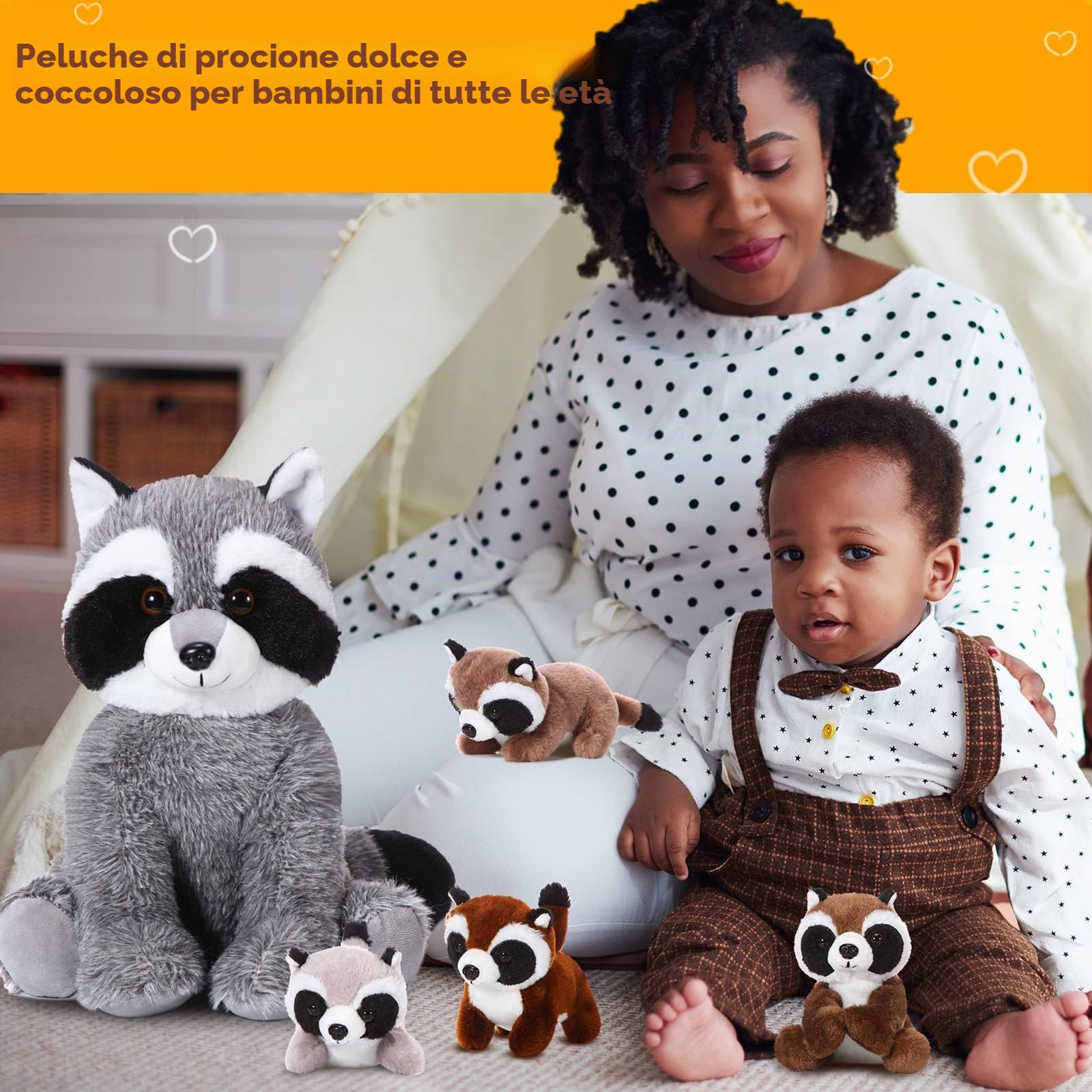 Set di 5 Animali di Peluche di Procione 32 cm Pupazzo di Procione Mamma con 4 Cuccioli di Orso Lavatore nella Pancia Regali per Compleanno a Tema del Bosco per Ragazzi (Stile Carino)