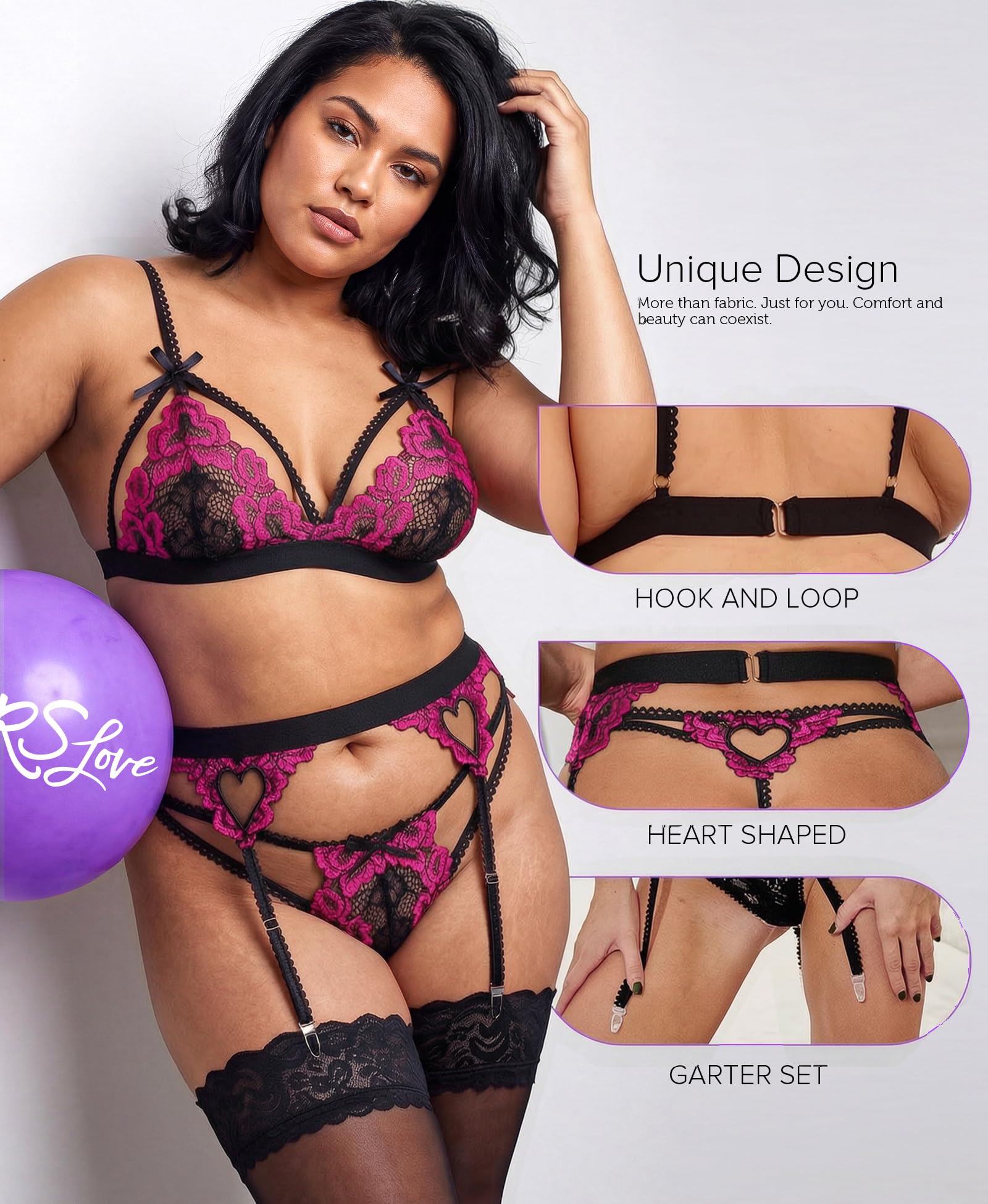 RSLOVE Sexy Femme Ensemble Lingerie Jarretière avec Porte Jarretelles Dentelle Soutien-Gorge et Culotte