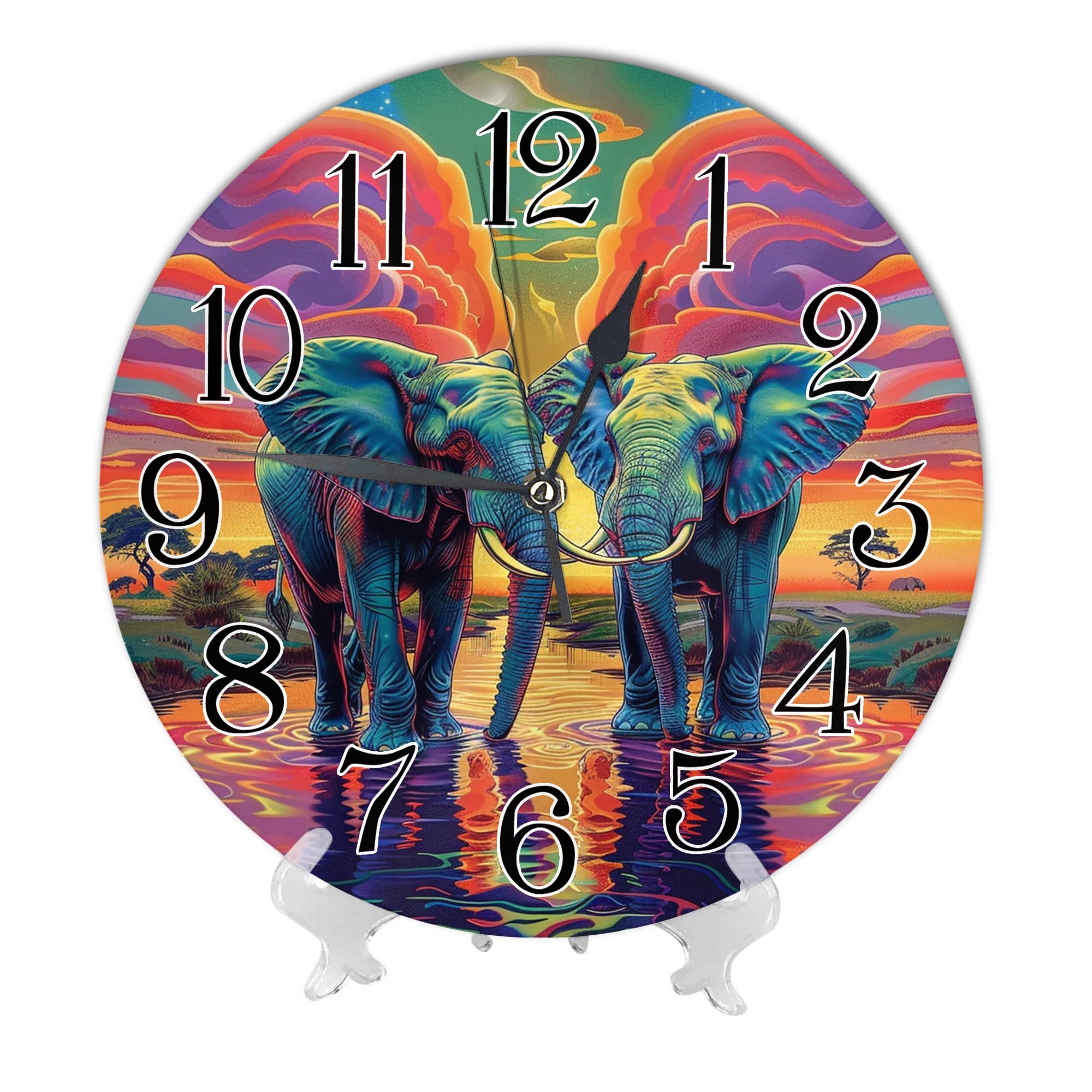 Generic Elephant Frameless Wall Clock African Wild Animal Trippy Style Colorful PVC Waterproof Non Ticking Bathroom Bedroom Battery Operated Wall Clock 10x10 Inch