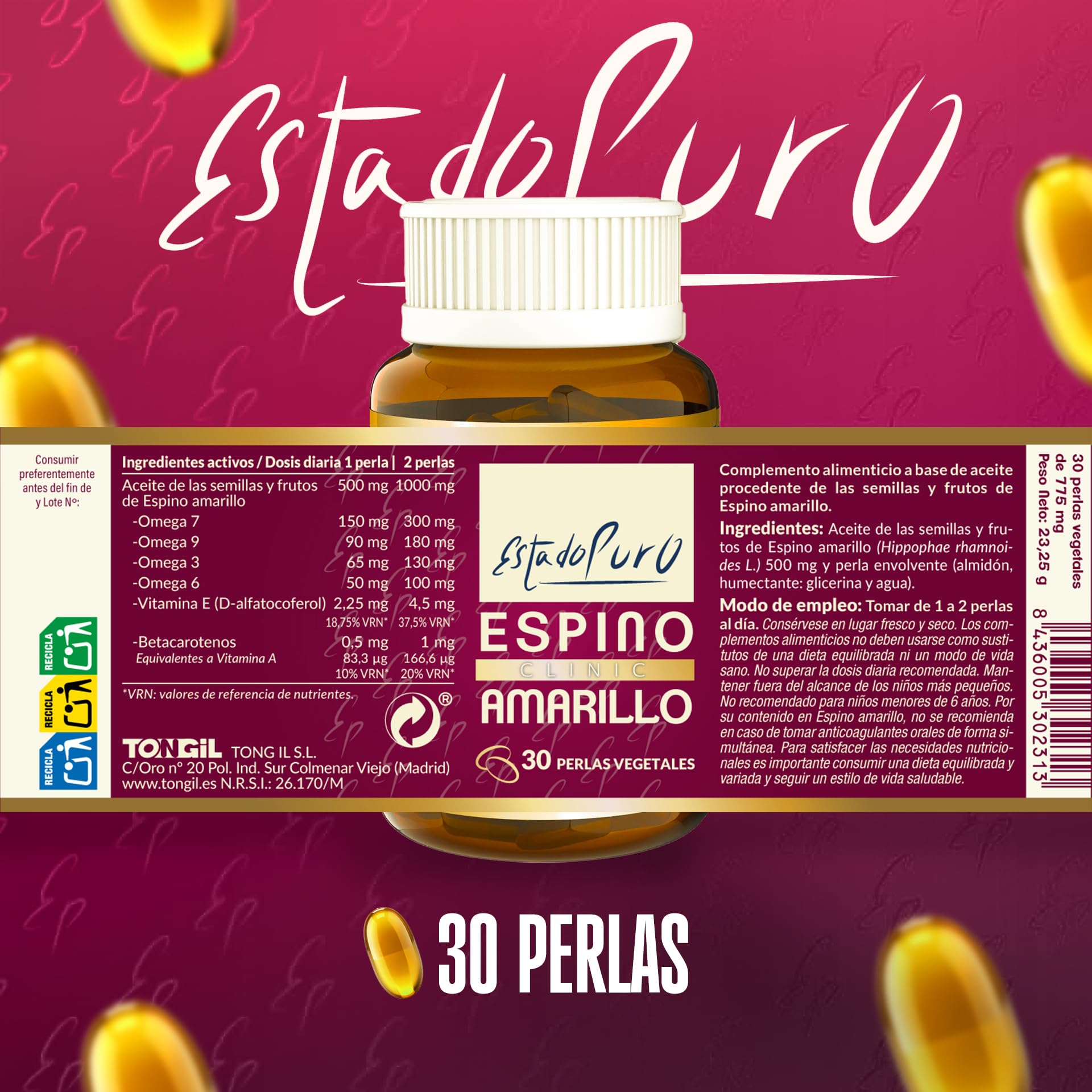 Omega 7 Espino Amarillo | Extracto Patentado Omega 3 6 7 9, Vitamina E, Betacarotenos | Salud de Piel, Mucosas y Sistema Cardiovascular | 30 Cápsulas Veganas | Estado Puro TONGIL