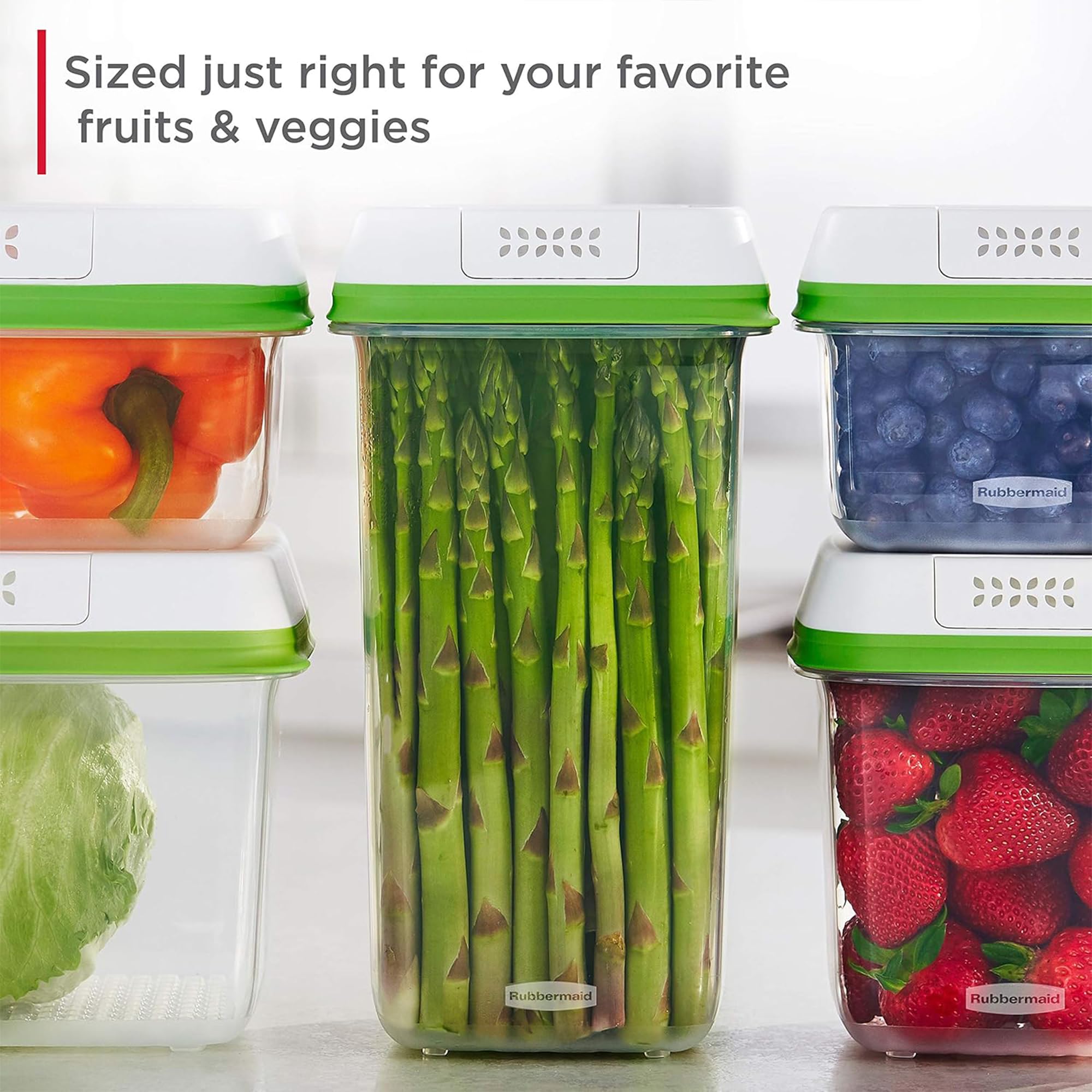 RUBBERMAID FreshWorks - Recipientes de almacenamiento medianos y grandes, juego de 6 piezas, transparente, blanco, verde, juego de 3, tamaño mediano y grande