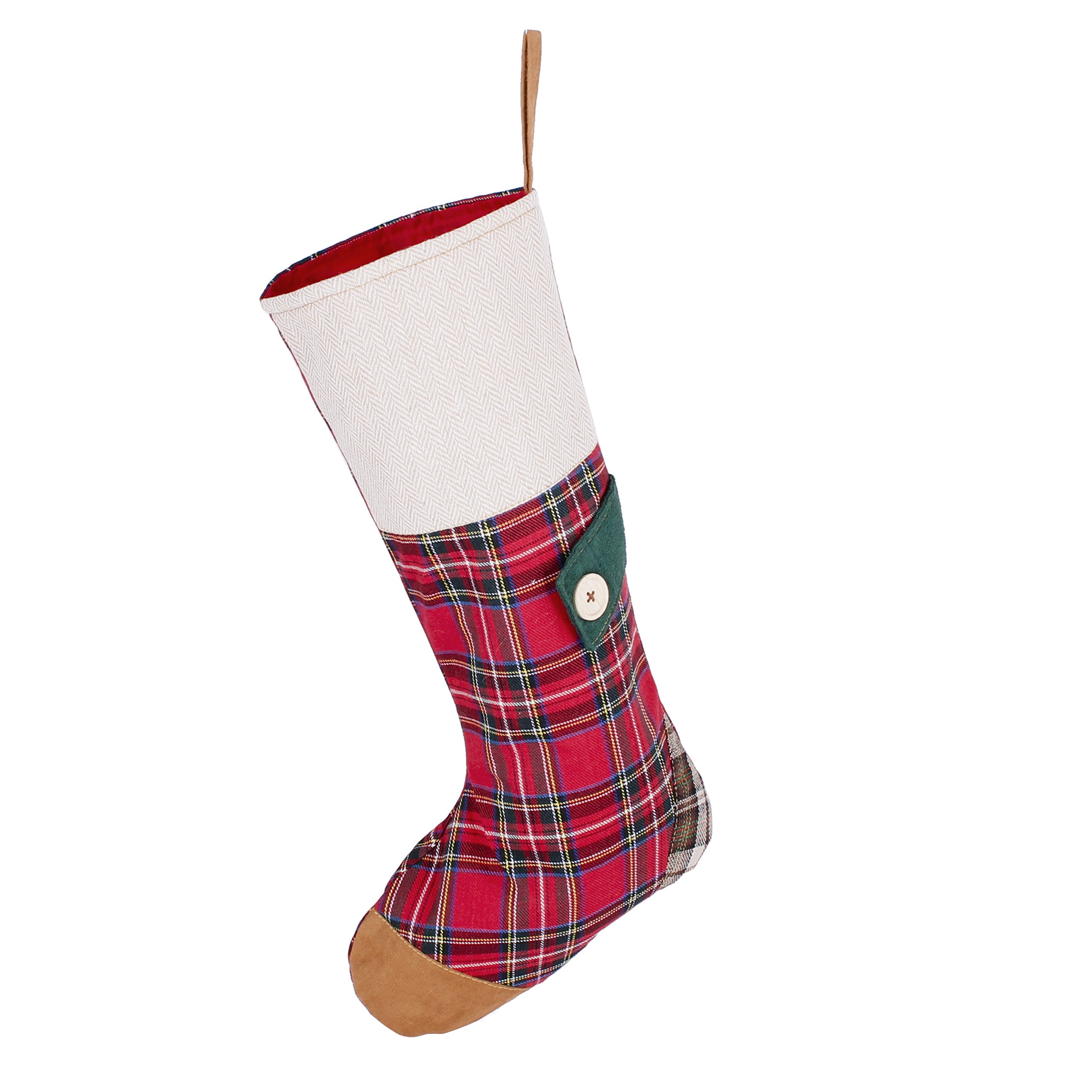 Dibor Cream Cable Knit Large Tartan Christmas Stocking - H51cm