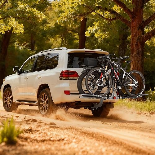 Miniatura 8 de WILDROAD Portabicicletas de enganche, soporte de bicicleta inclinable inteligente sin tambaleo, soporte plegable para 2 bicicletas para estándar,