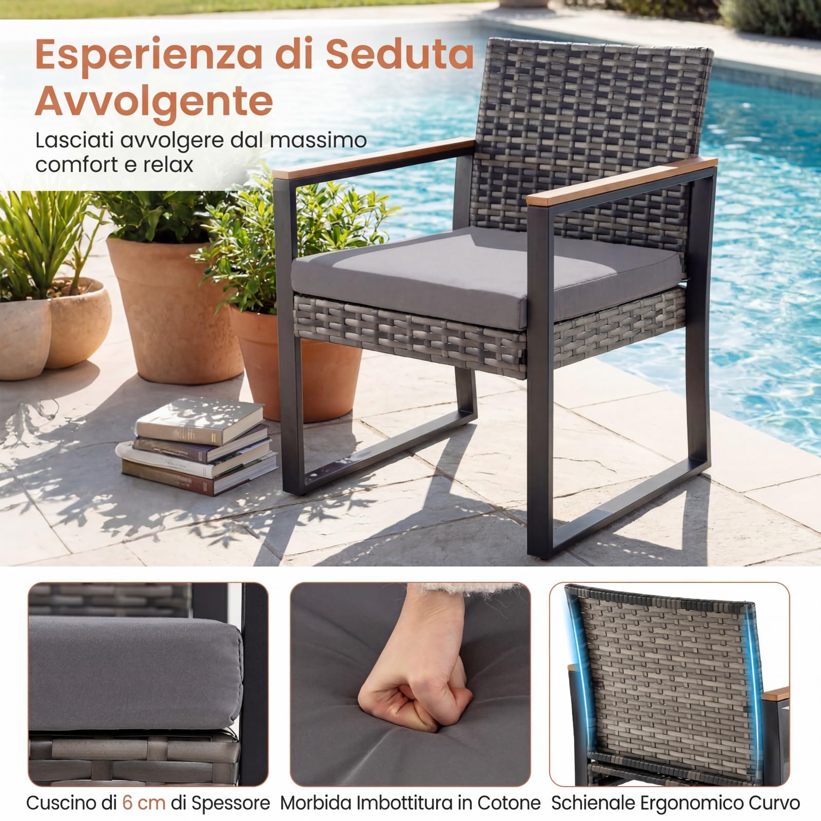COSTWAY Set Salottino da Esterno in Rattan 3 pezzo, Set Mobili da Giardino Include 1 Tavolino Quadrato e 2 Poltrone Comode con Cuscino Imbottito e Telaio in Acciaio, per Balcone e Terrazzo (Grigio)