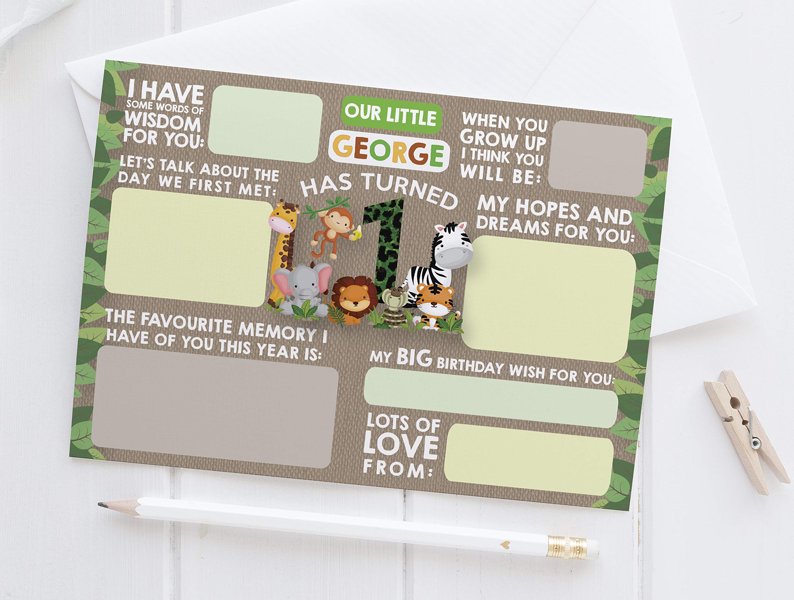 10 Personalised Jungle Animals Time Capsule Cards for 1st Birthday First Birthday Christening Baby Shower Baptism Party Rainbow Monkey Elephant Lion Tiger