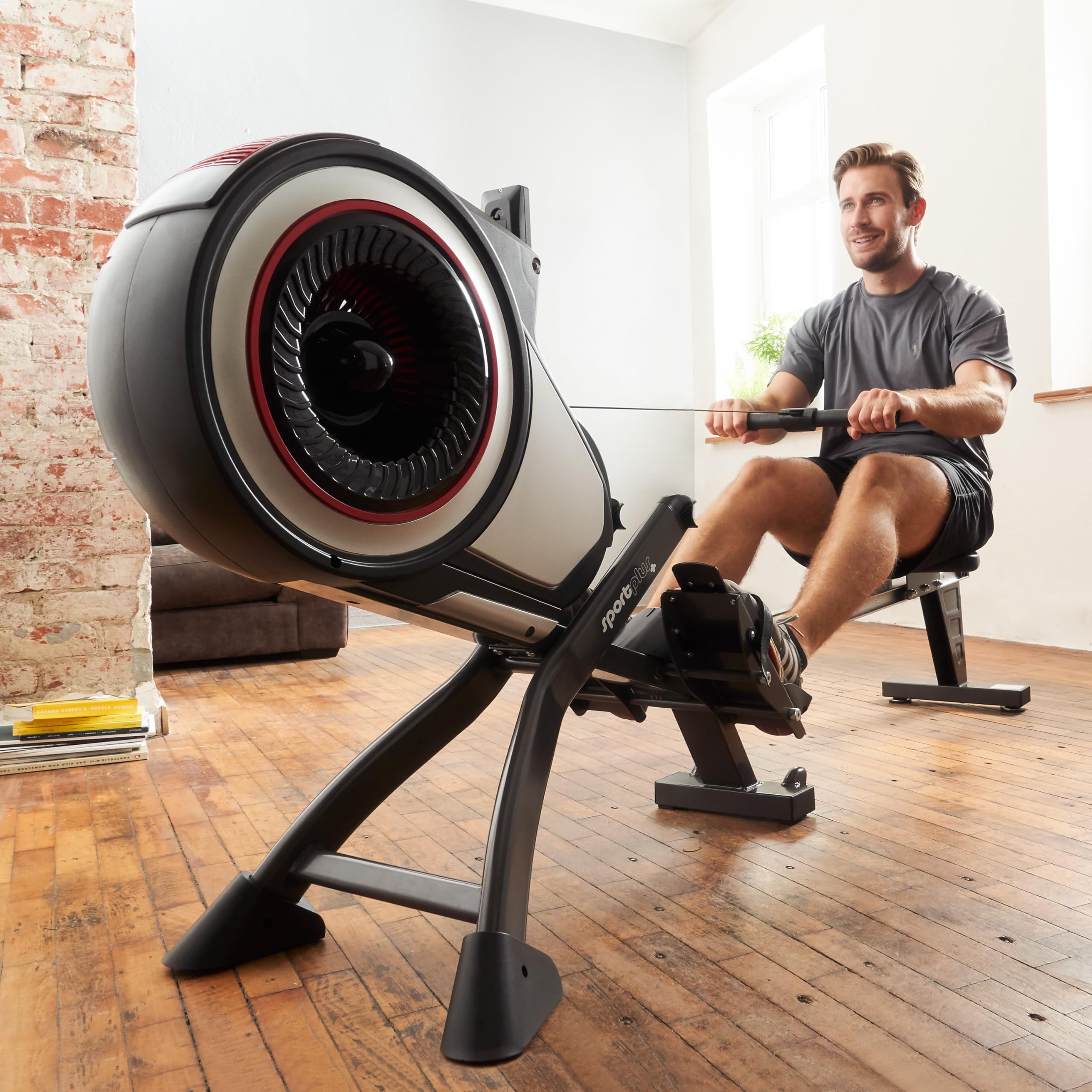 SportPlus Rameur pour la Maison avec résistance à l'air (8 Niveaux), Disponible avec compatibilité App, Silent et Fluid, Poids de l'utilisateur jusqu'à 150 kg
