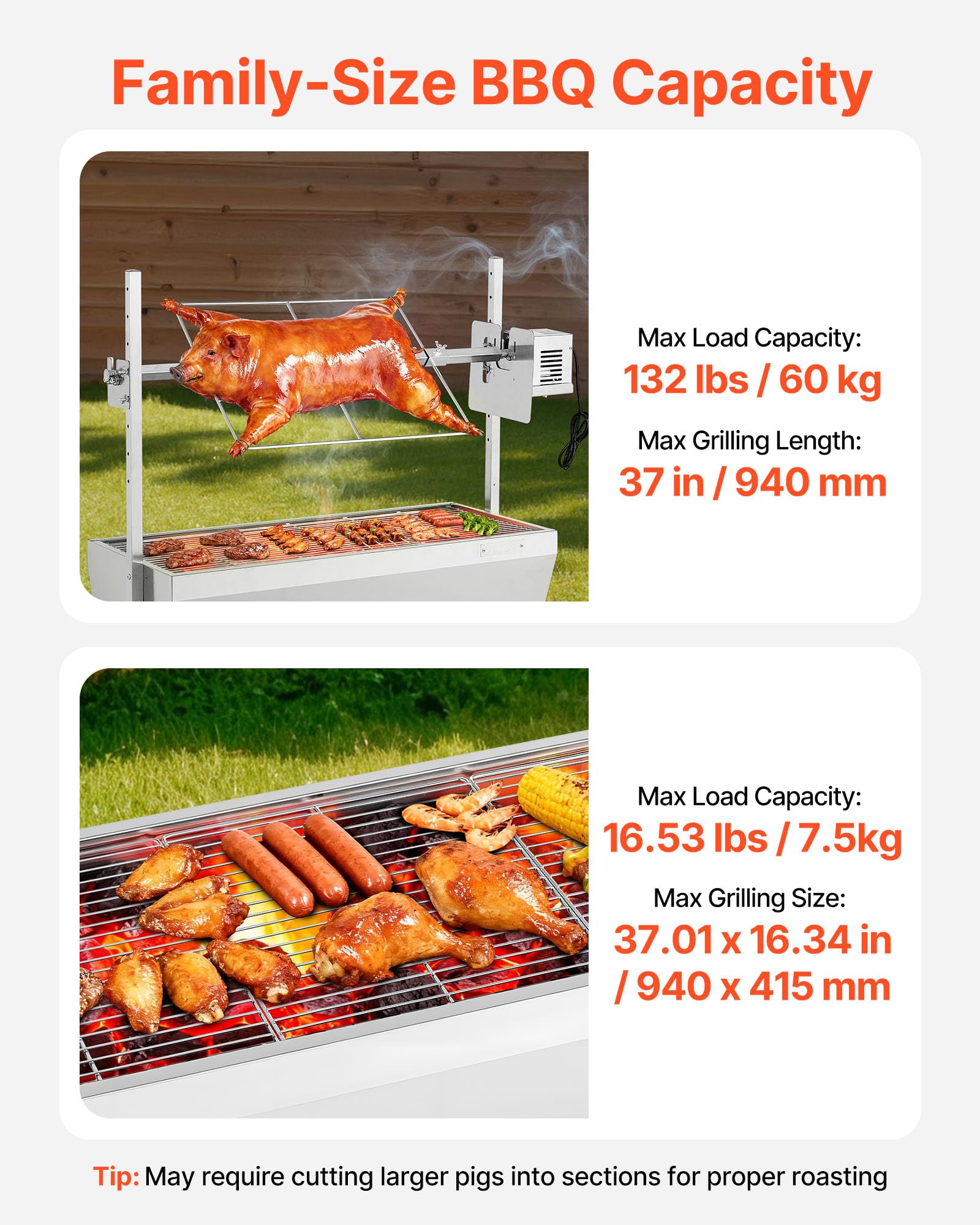 VEVOR Griglia per Arrosto da Barbecue Griglia a Carbone, Lunghezza 94 cm 38 W con Capacità di Carico di 60 kg e Ruote e Regolazione dell'Altezza a 7 Vie, in Acciaio Inossidabile per Campeggio