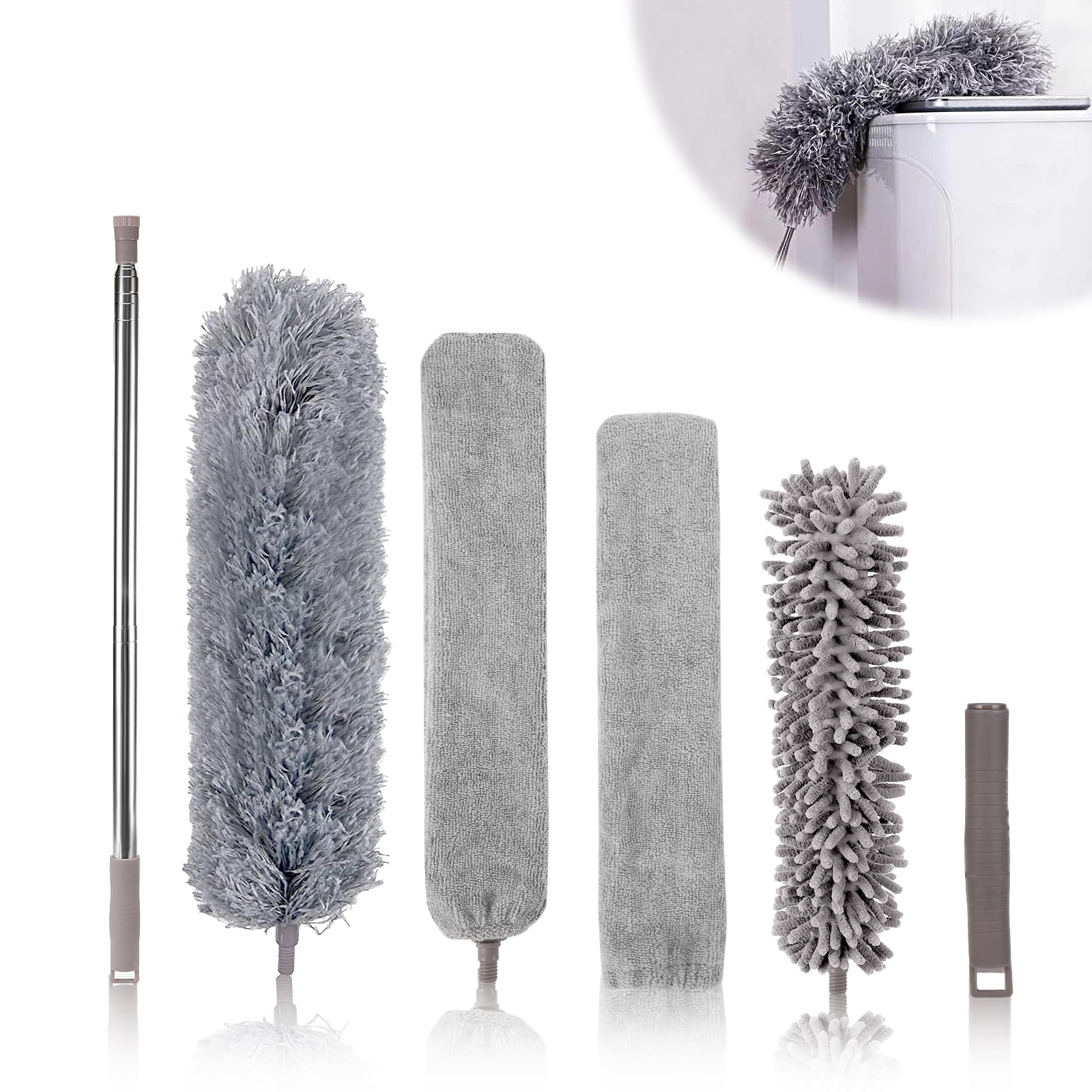 6 Piezas Plumero Telescopico Extensible,Plumero Telescópico Lavable de Microfibra,Extensible hasta 250 cm,per Limpieza de Ventiladores de Techo Alto,Persianas,Muebles,Telaraña,Polvo