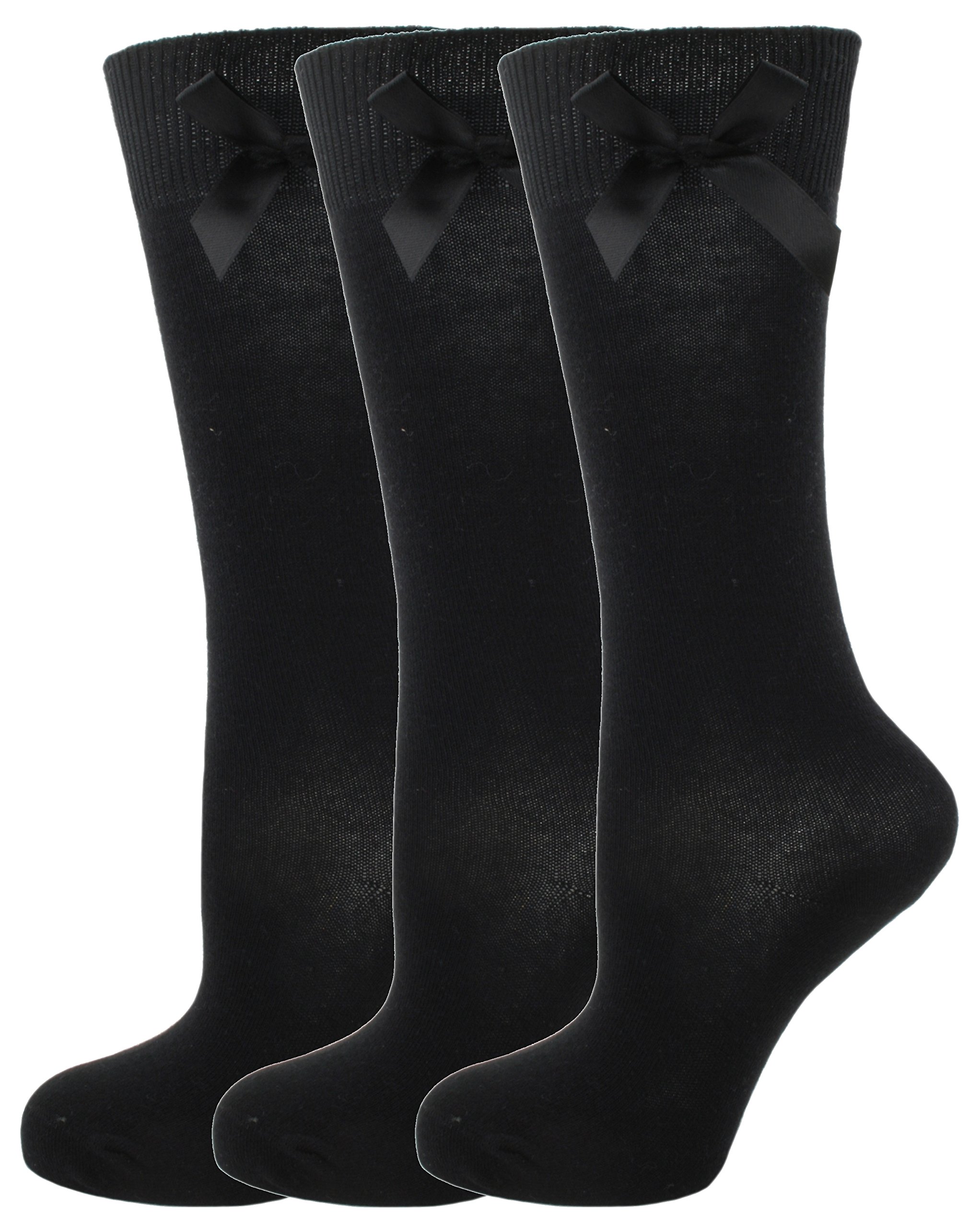 Rjm Girls 3 Pack Black 3 Pack Knee High Socks With Bow 12.5-3.5