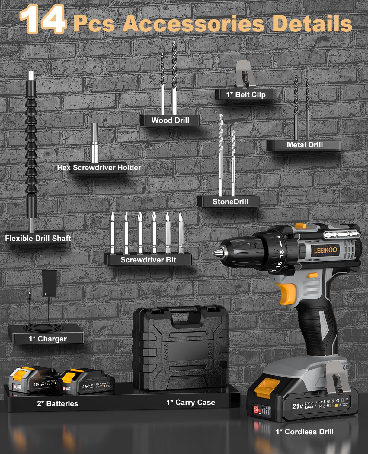 Perceuse Visseuse Sans Fil, LEEIKOO Visseuse Devisseuse Sans Fil 21V, Perceuse 42Nm avec 2 Batteries 2.0Ah, 18+1 Réglages de Couple, LED, 2 Vitesses, 14 Accessoires pour Projet de Bricolage, Gris