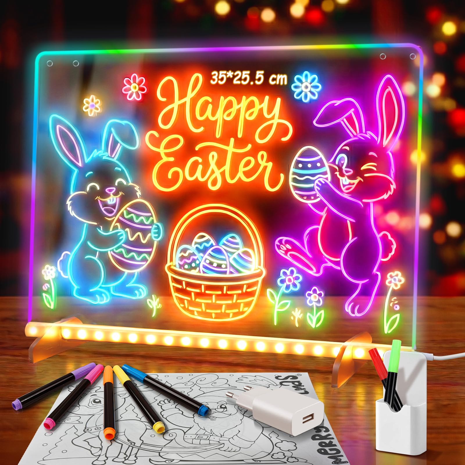 LED Note Board with Colours, Luminous LED Drawing Board for Children with 13 Colours and 6 Modes with Switch 35 x 25 cm, Includes Adapter, Hanging Chain  Stand, Acrylic Notice Board, Creative Gift