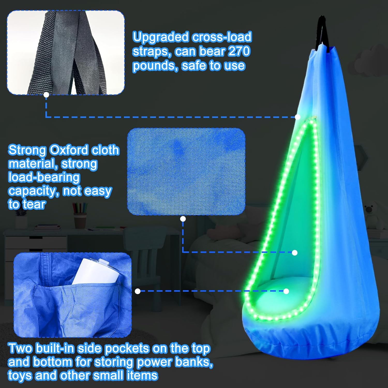 Light Up Kids Pod Swing Seat – Sensory Hammock Chair with Remote & Bluetooth App Control LED Lights, Inflatable Cushion, Pocket – Indoor & Outdoor Swing for Autism & Relaxation 2