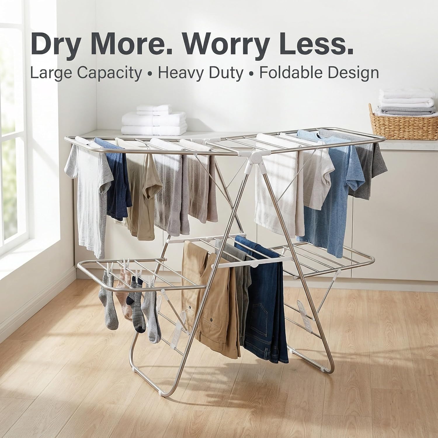 EZHOME Large Foldaway Laundry Rack, Heavy Duty, Collapsible, Space-Saving Storage, Stainless Steel, Indoor/Outdoor YLT-0501 (YTL-0501D-01B)