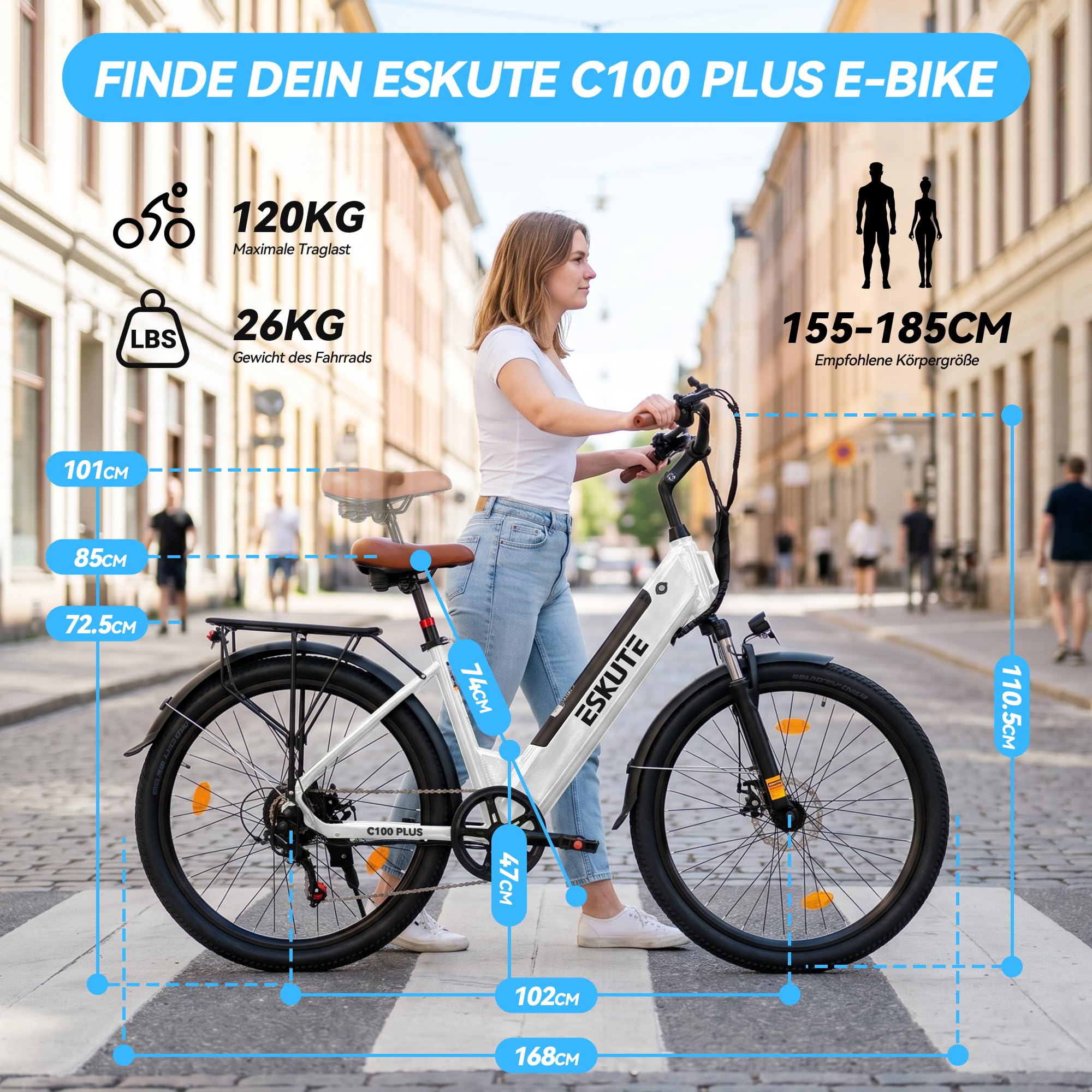 ESKUTE C100 Plus - Bicicleta eléctrica de 26 pulgadas, motor eléctrico de ciudad de 250 W, batería de repuesto de 36 V y 13 Ah, pantalla LCD, para hombre y mujer