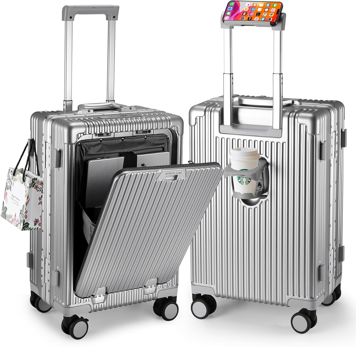 MRPLUM Front Pocket Carry On Luggage,Aluminum Frame PC Hardside Spinner Wheel Suitcase with TSA Lock,Cup Holder,Phone Holder&USB Charging Port,Pink(1 Piece)