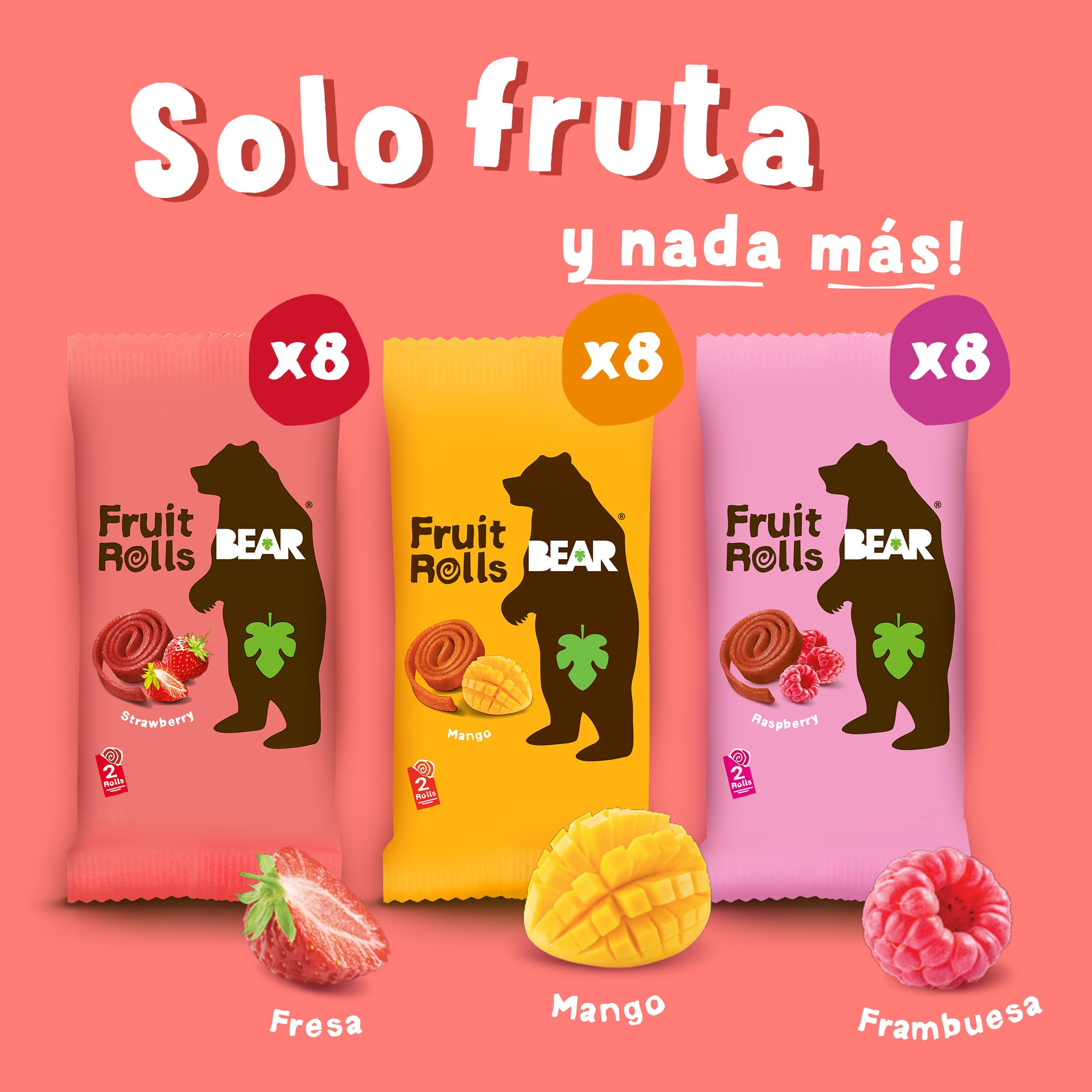 BEAR Paquete Variado de Rollitos de Frutas | Ingredientes 100% Naturales | Sin Azúcar Añadido | Snacks Saludables | 24 Sobres de 20g | 480g