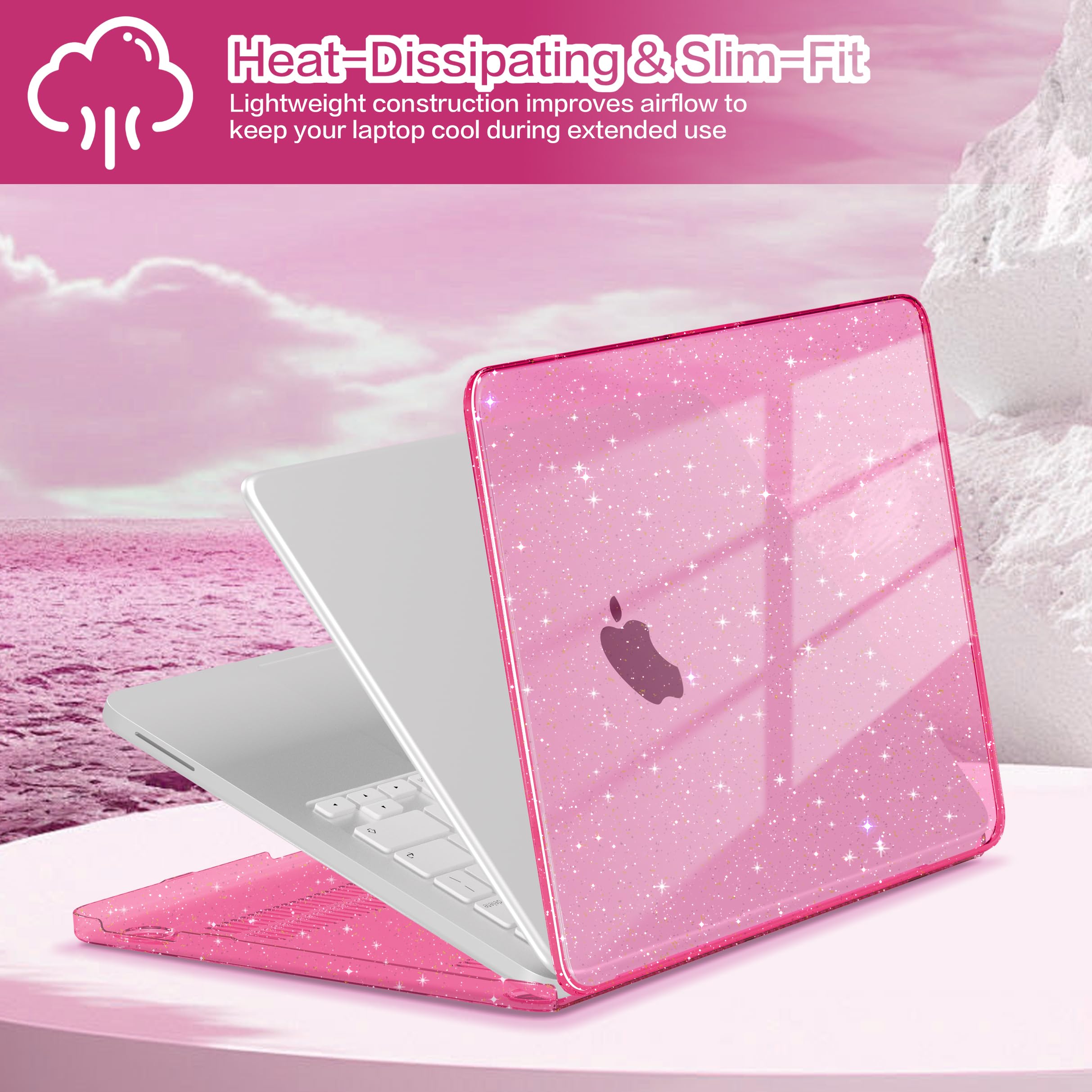 Teryeefi Gltter Schutzhülle für MacBook Neo 13 Zoll (33 cm) 2026 (A18 Pro) Modell A3404, schlanke Schutzhülle und Tastaturabdeckung & Typ-C-Adapter – Sparkly Rose Pink