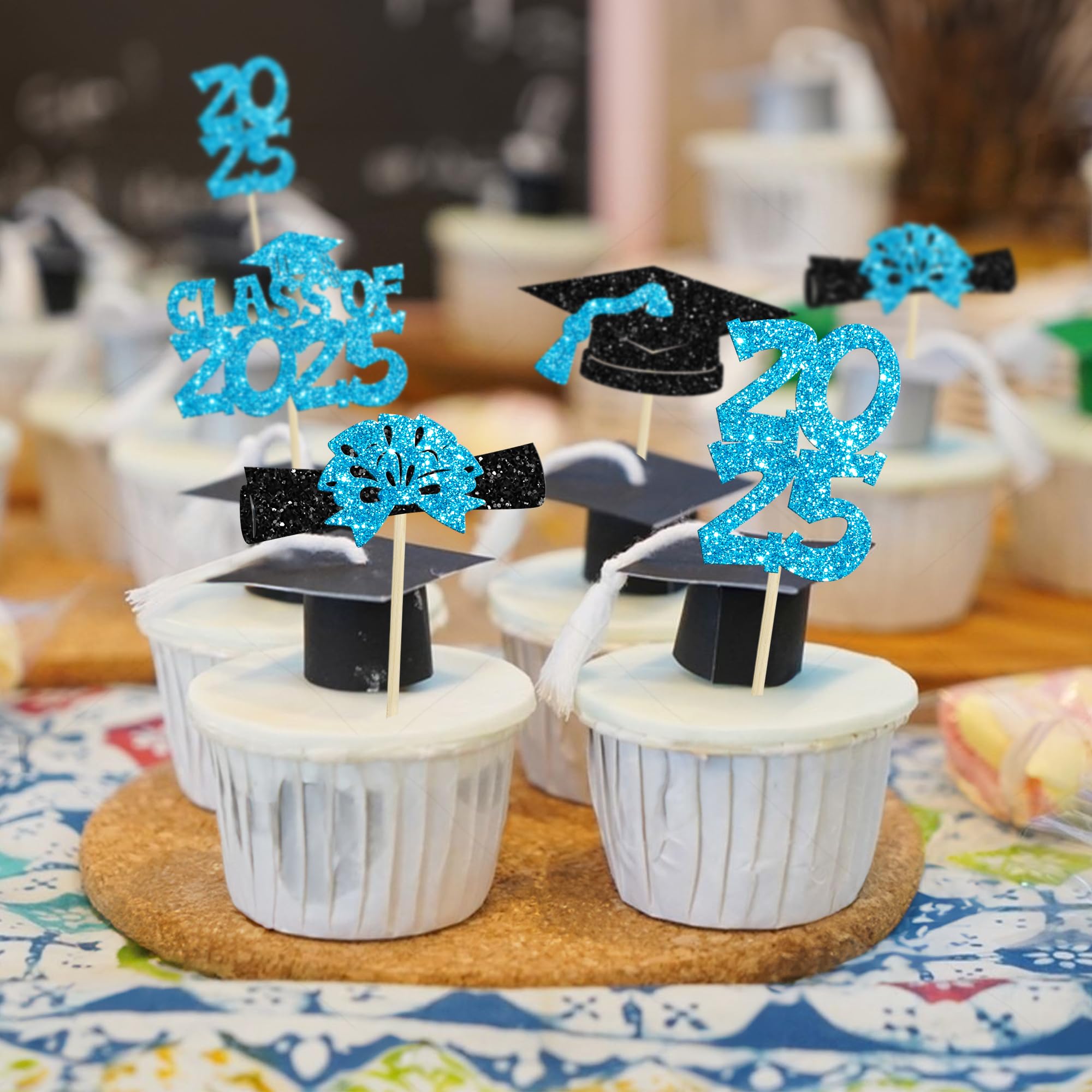 Ephlyn 36Pcs 2026 Graduation Theme Cupcake Toppers Glitter Class of 2026 Congrats Grad Diploma Graduation Cap Cupcake Picks for 2026 Graduation Theme Party Cake Decorations Supplies Lake Blue - Image 4