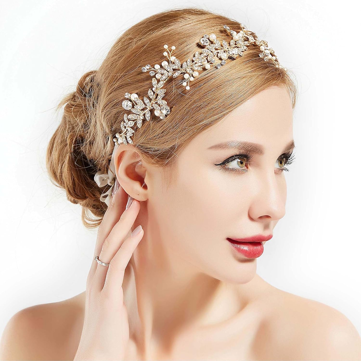 BABEYOND Bridal Headpiece Handmade Wedding Hair Vine Bead Crystal Floral Leaf Headband with Lace Ribbon - Image 3