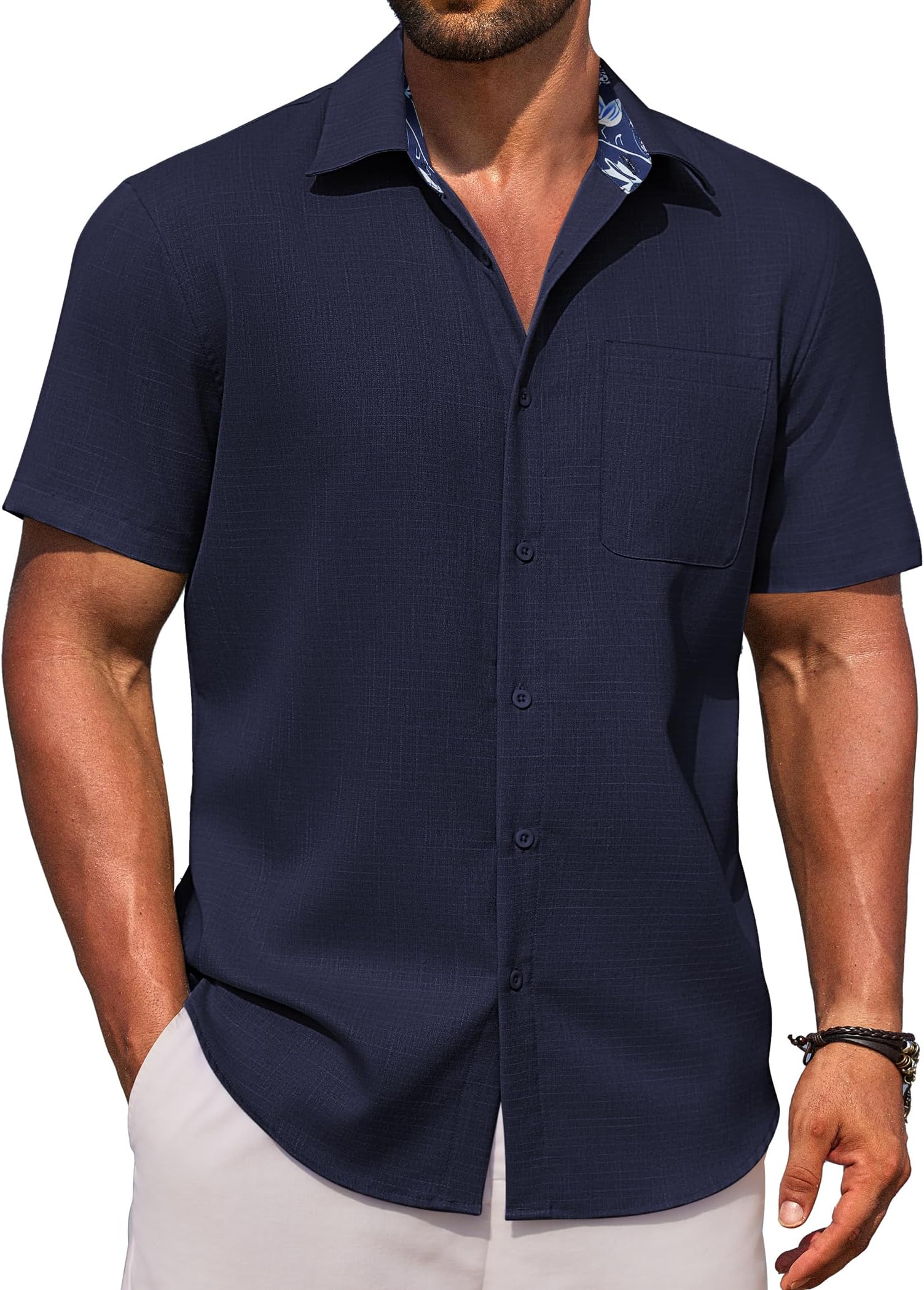 Mens Short Sleeved Shirts Summer Shirt for Men Adult Casual Smart Holiday Tops with Pocket Regular Fit