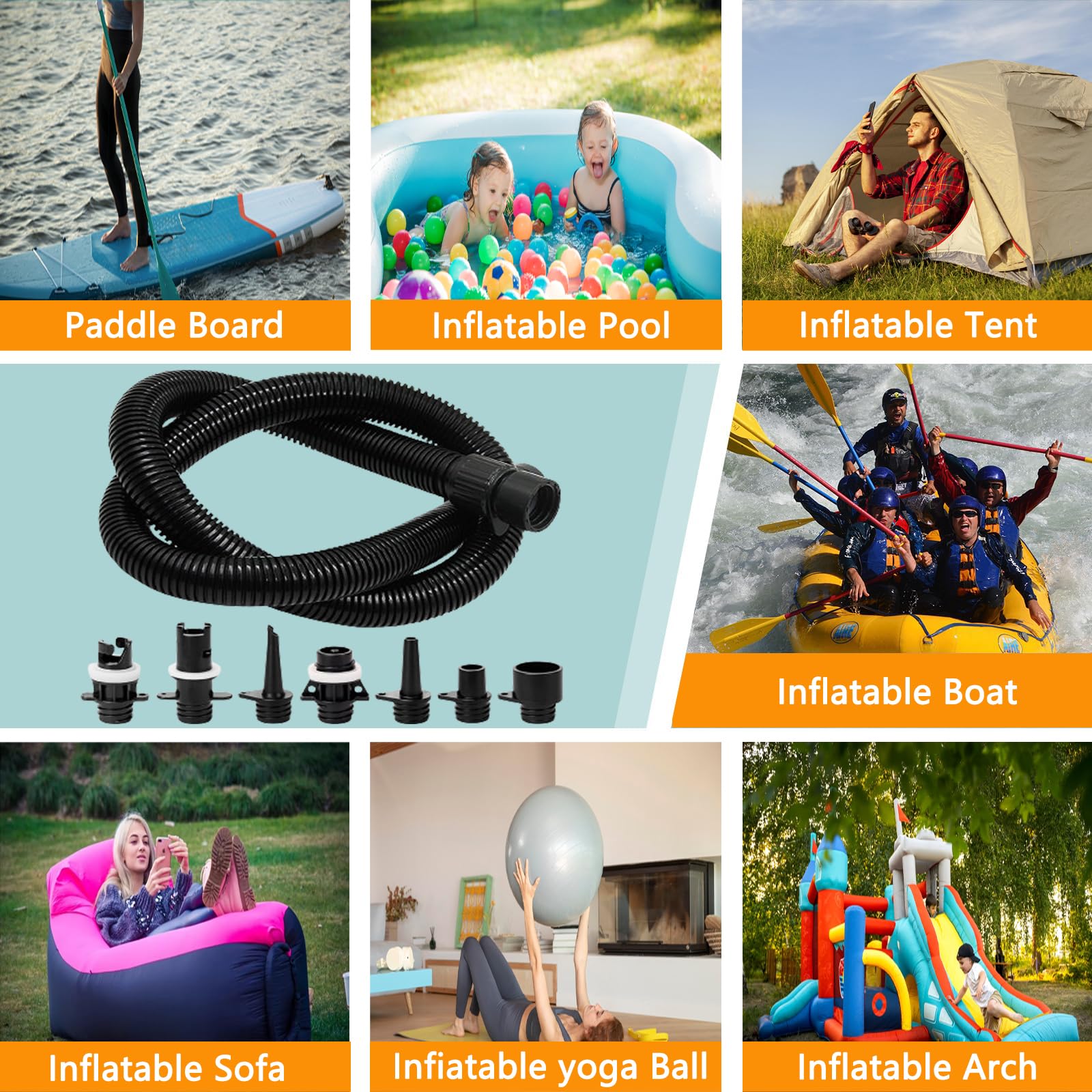 OutdoorMaster Kit 8 Pezzi Adattatore Pompa Sup Gonfiabile - Tubo Aria e Accessori Elettrica per Gommone, Barca, Paddle Board