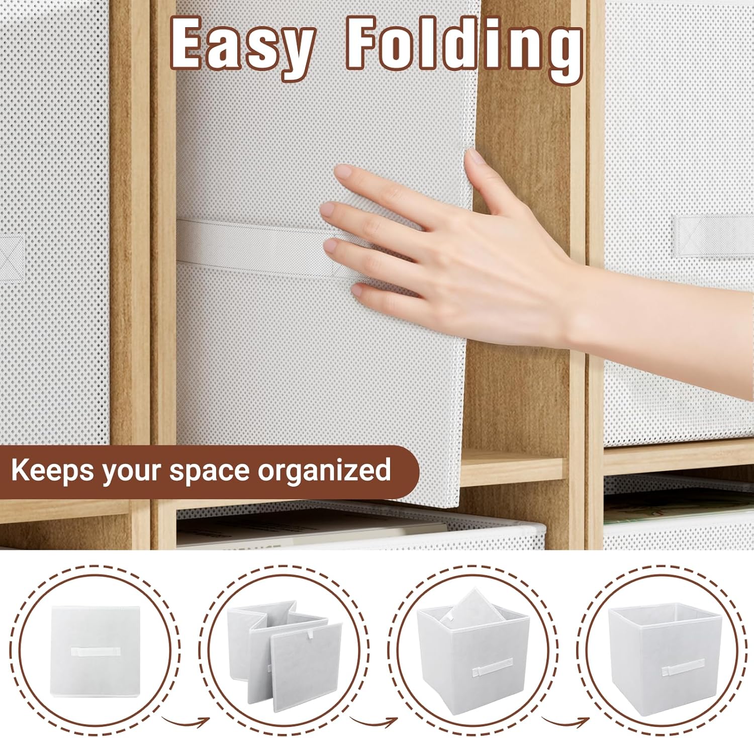 Fabric Storage Bins, Foldable Storage Cubes Baskets with Handle for Organizing, Collapsible Bins Cube Organizer Baskets for Closet, Shelves, Clothes, Towel (White, 4 Pack)