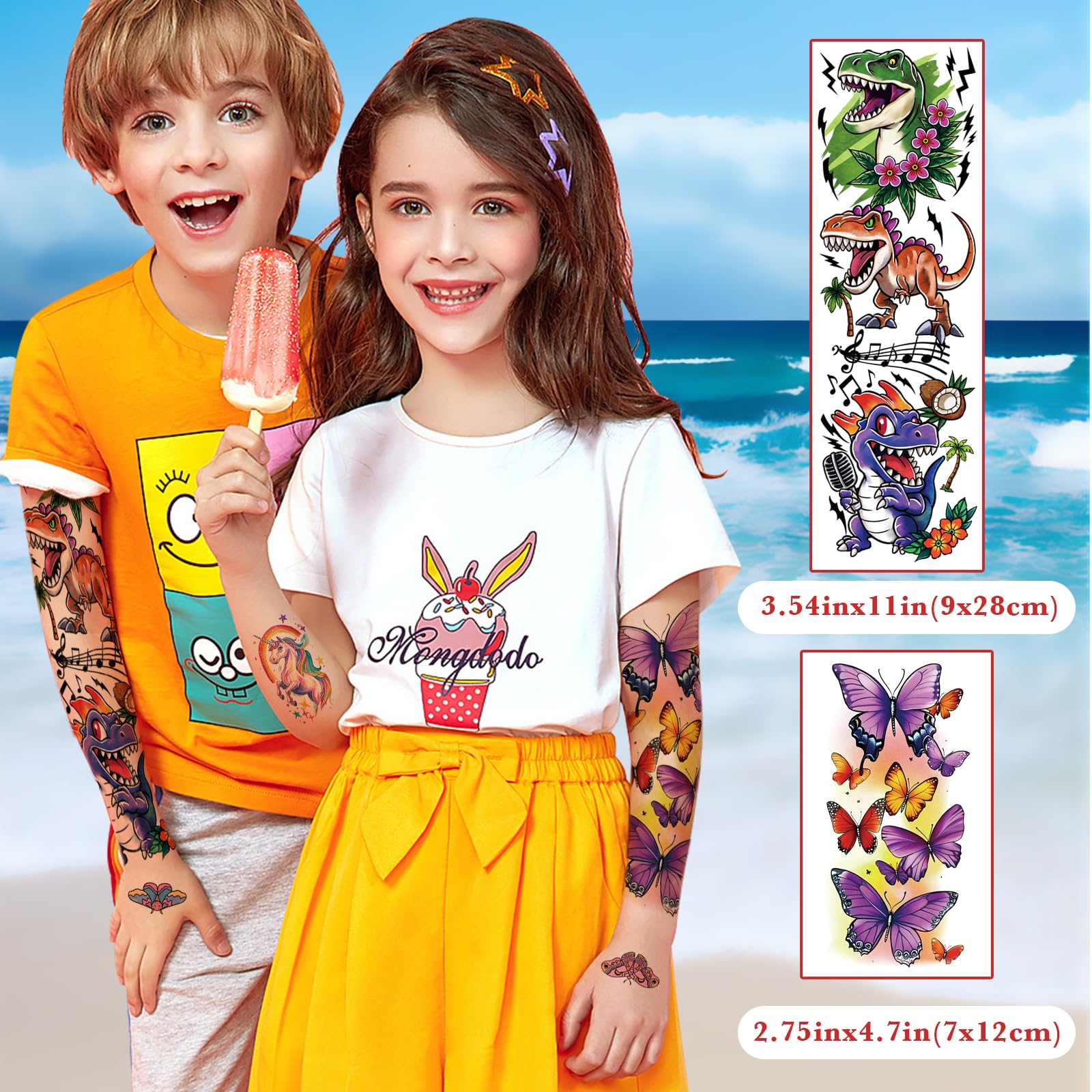 52 tatuajes temporales para niños, de brazo completo, sirena, mariposa, gato, camión, dinosaurio, cohete, planeta, lindo animal, cara, tatuajes de brazo falso para niñas y niños, calcomanías de 3