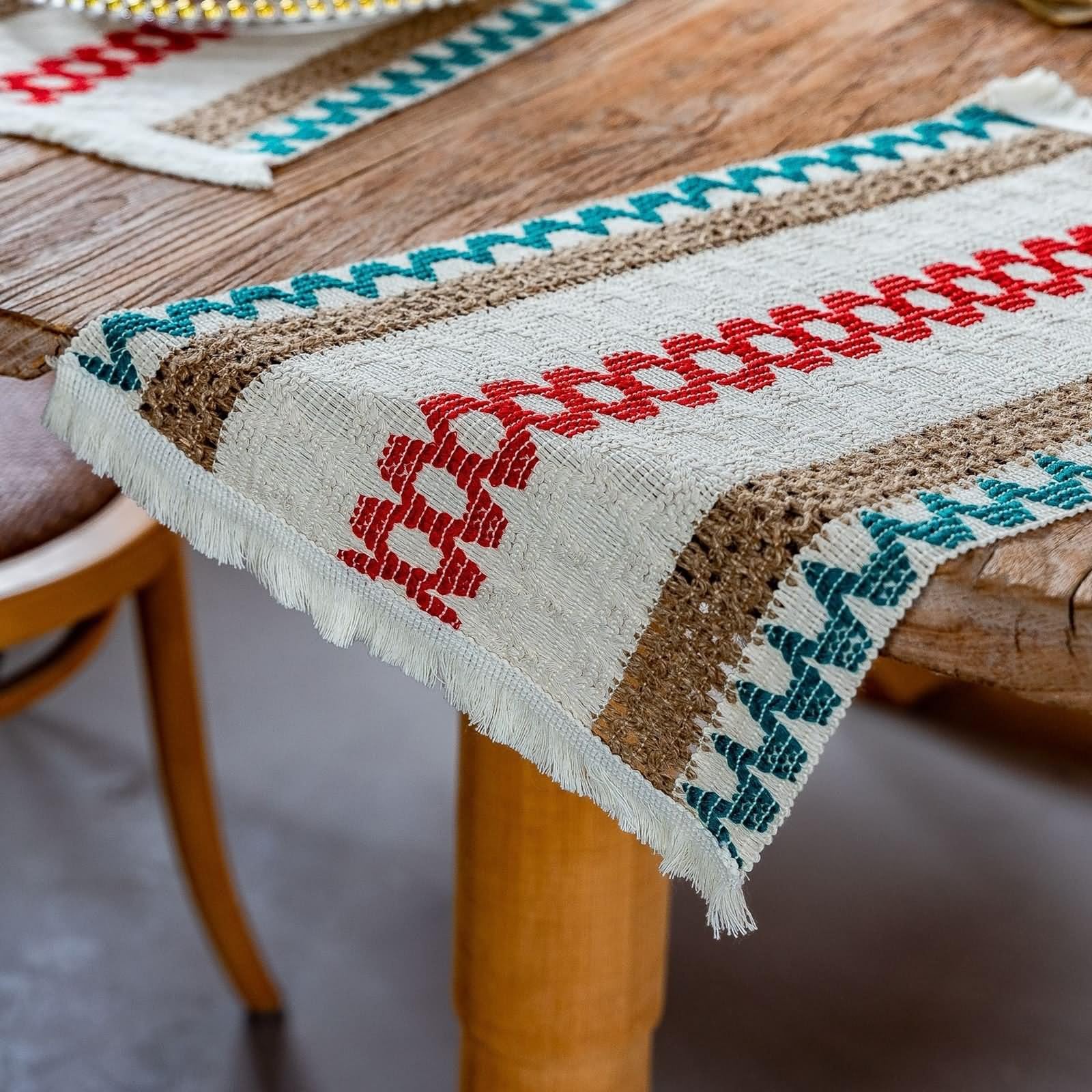 Tischset Vintage 4er Set, Platzsets Landhausstil 30x50cm Geometrisches Streifenmuster mit Quasten Baumwolle Leinen Blau Rot