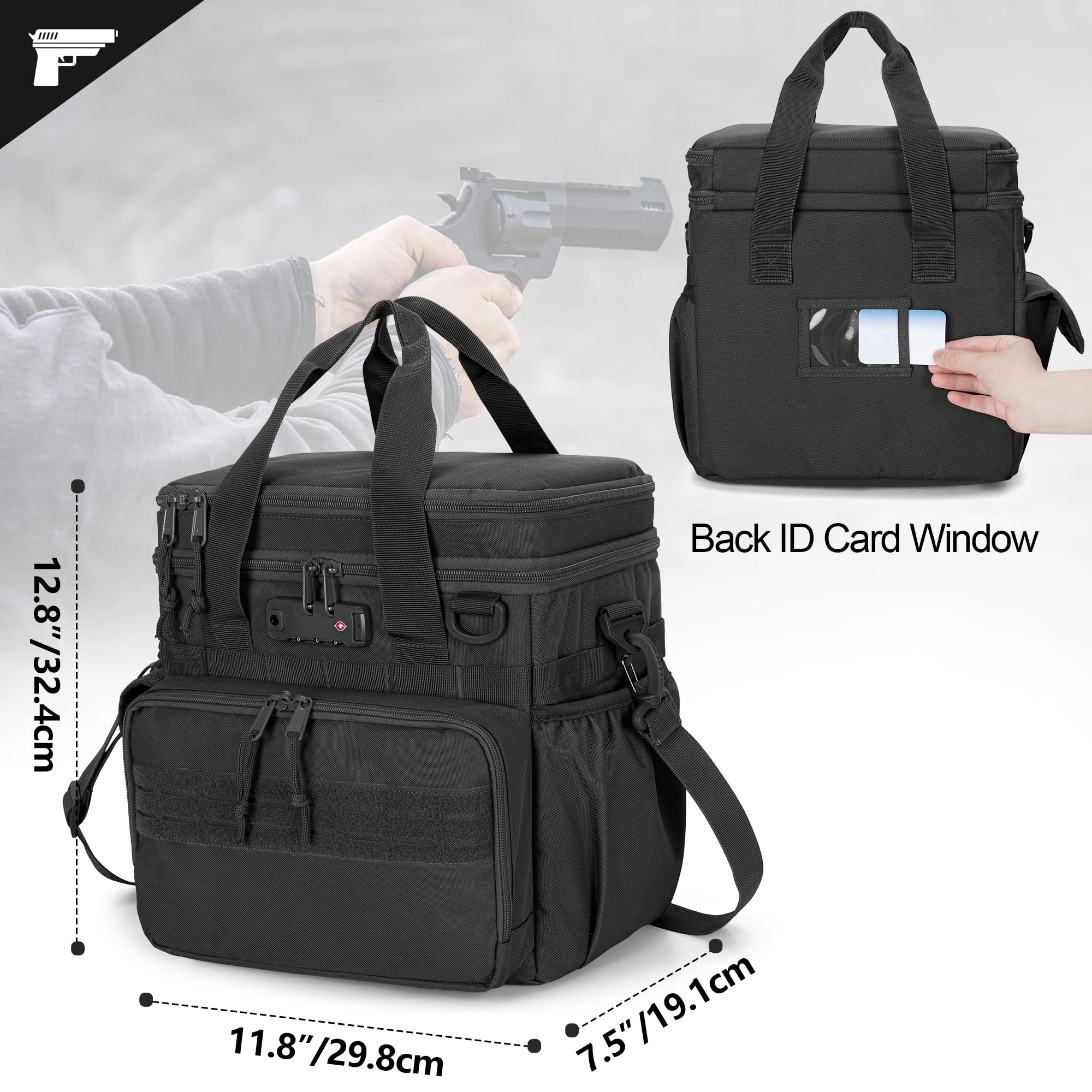 GOBUROS Borsa tattica per tiro con 2 custodie piccole per pistola, borsone per pistola con lucchetto TSA e 12 scomparti per caricatori, multitasche