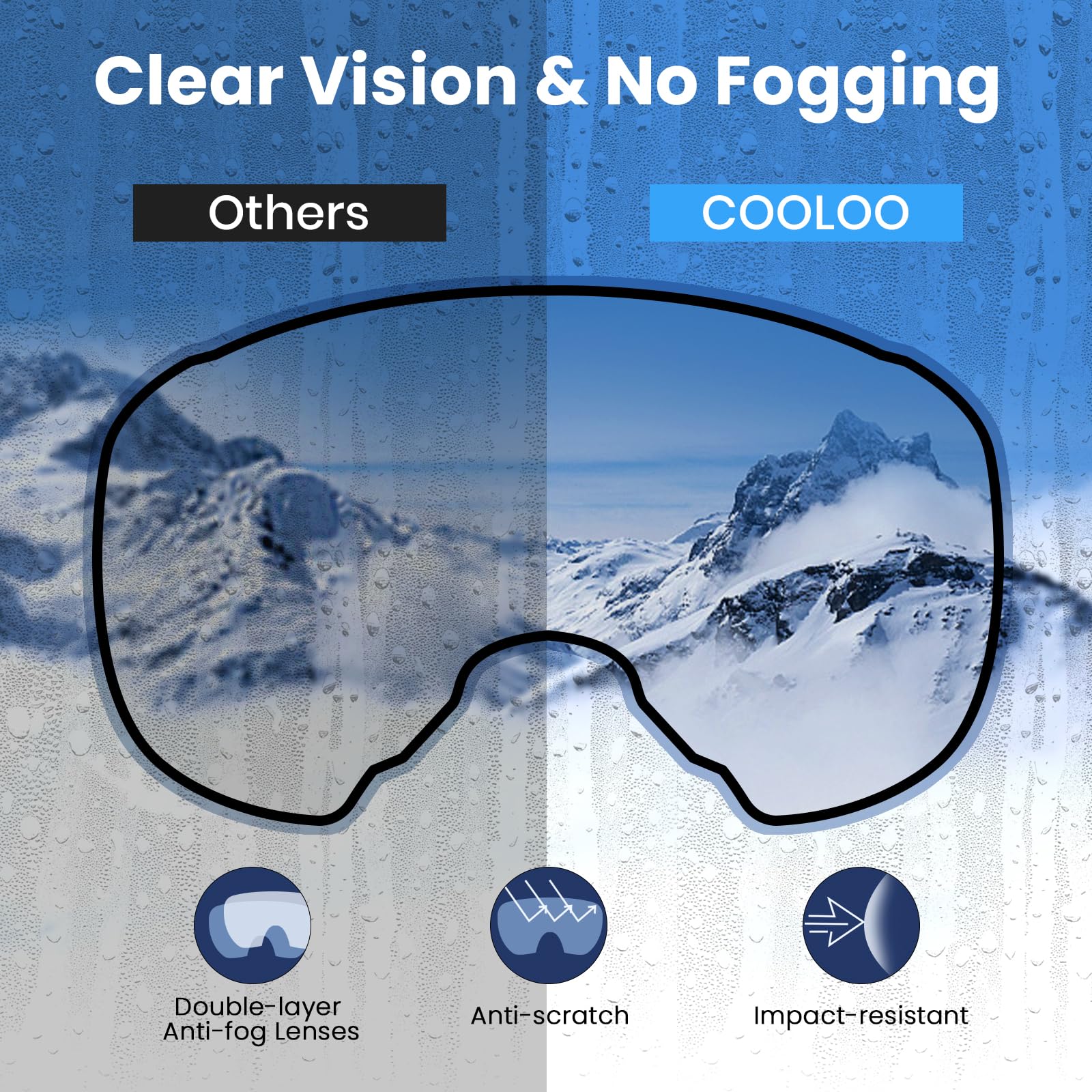 COOLOO Ski Goggles, OTG Snow Goggles for Adult Men Women Youth, Snowboard Goggles Over Glasses, Anti-fog, UV Protection