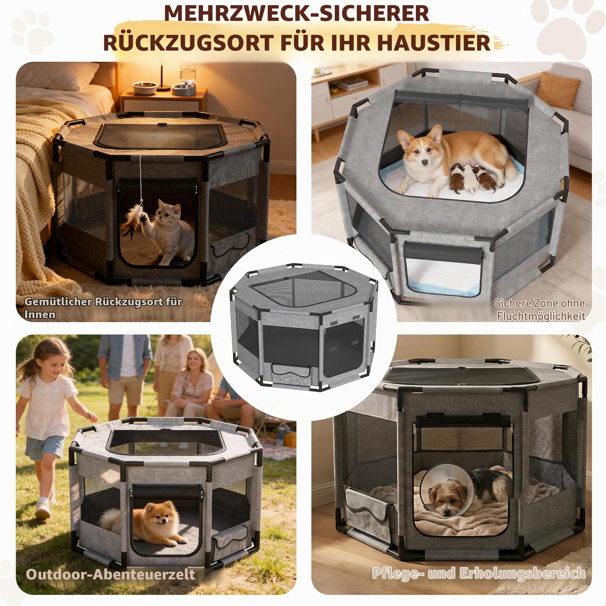 UISEBRT Welpenauslauf Freilaufgehege,Welpengehege aus Oxford-Gewebe,atmungsaktives Netz mit Reißverschluss & Seitentasche,Laufstall Laufgitter Indoor für Hunde Katzen,113.5x113.5x60cm Achteckig