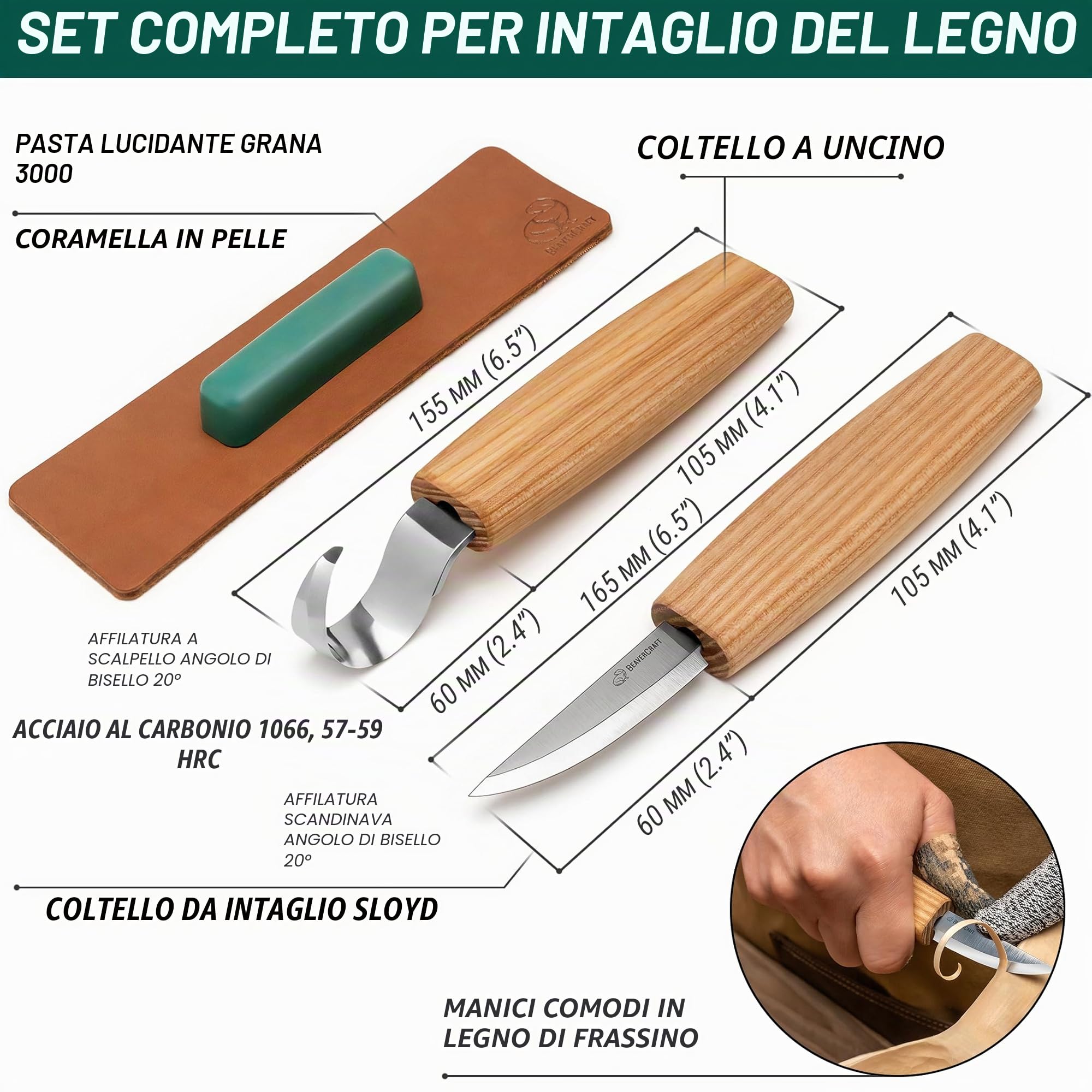 BeaverCraft S01 Set di coltelli per intaglio di cucchiai di legno Kit di strumenti per la fabbricazione di cucchiai Coltello da intaglio Coltello a uncino per destrimani Ciotola Tazza Kuksa