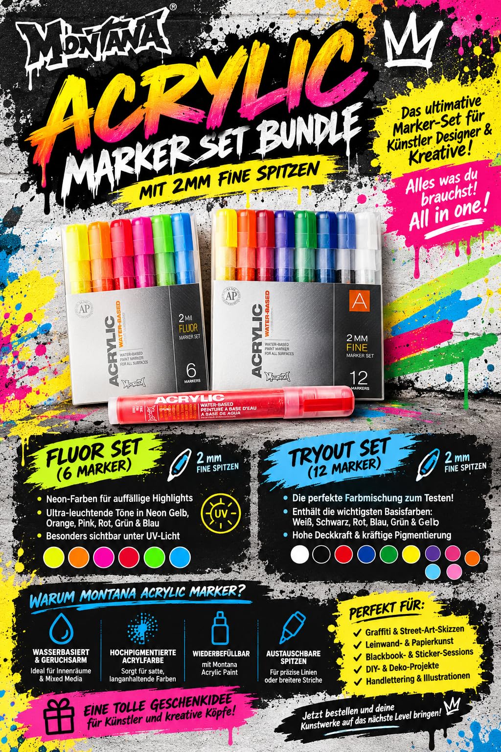 KLAMOTTEN STORE Montana Acryl Marker - Workshop Komplett Set - Stifte auf Wasserbasis 2mm Neon + Grundfarben - nachhaltig und auffüllbar