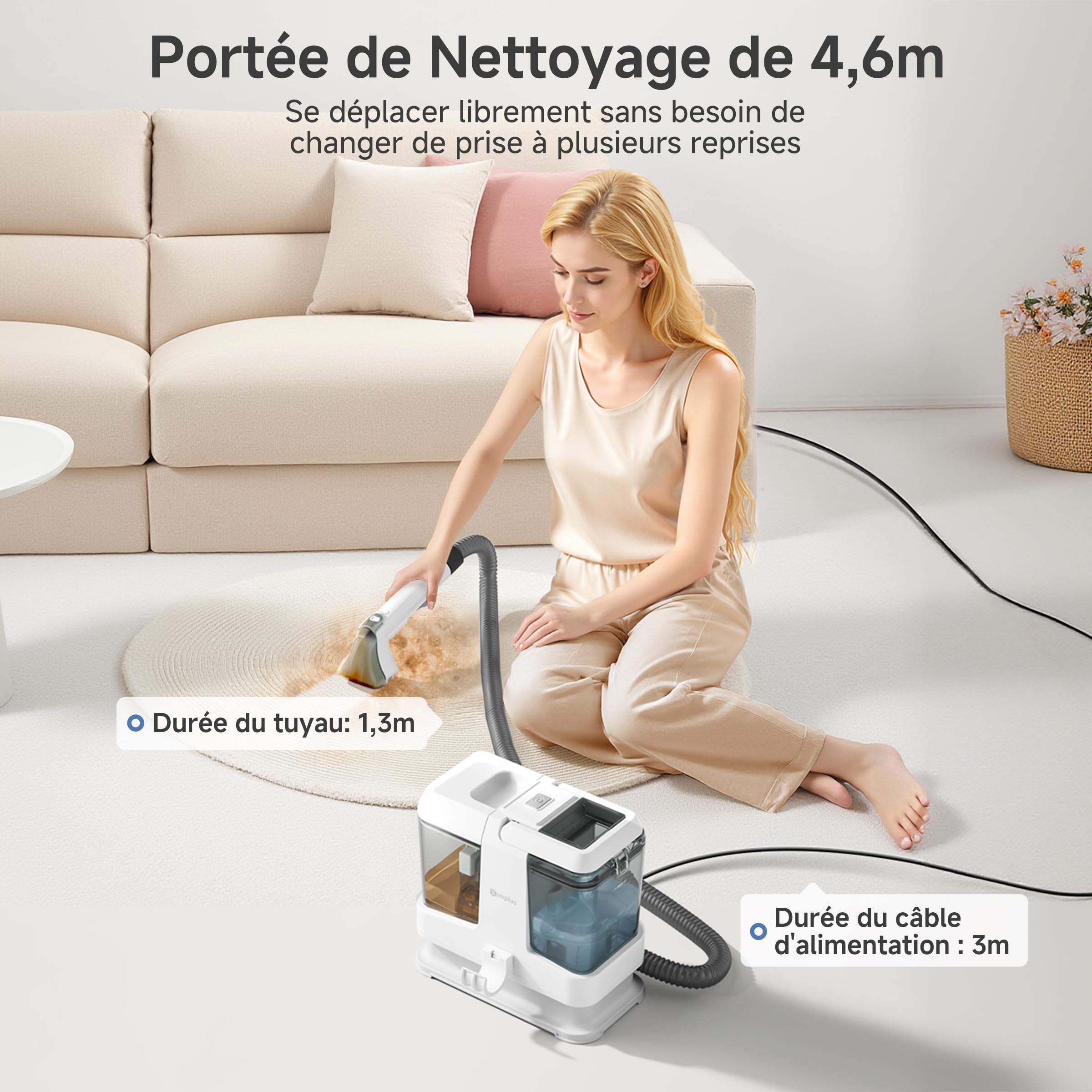 SIMPLUS Shampouineuse Canapé avec Fonction Autonettoyante, Nettoyeur Tissus Puissant 15000Pa, Idéal pour Poils d’Animaux, Nettoyeur Tapis/Matelas/Voiture/Moquettes, Réservoir Double