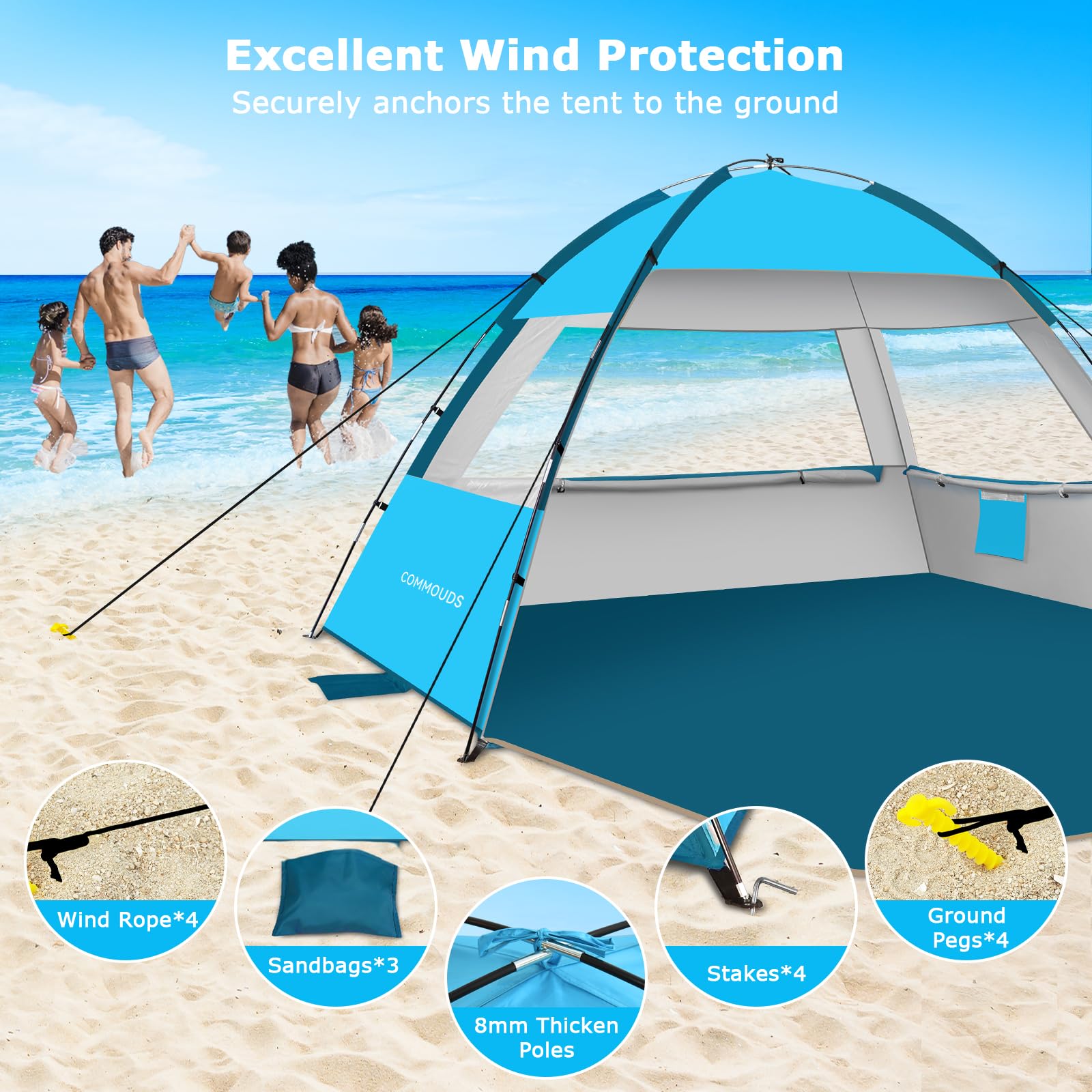 COMMOUDS Strandmuscheln für 4-5 Personen, Tragbarer Strandzelt mit UV-Schutz 50+, Familie Sonnenzelt Strand mit 2 Mesh Fenster, Schnelle Montage, Einfaches Tragen Schirm für Outdoor