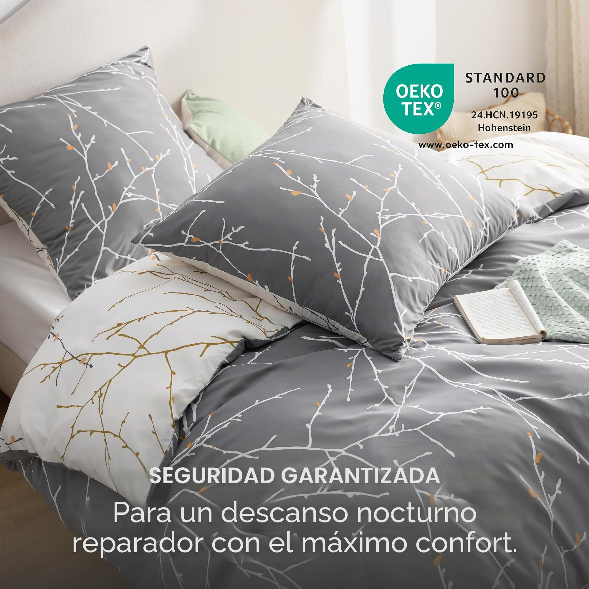 BEDSURE Ropa de cama de 135 x 200 cm, 4 piezas, funda nórdica de 135 x 200 cm, juego de 2 unidades con 2 fundas de almohada de 80 x 80 cm, certificado Öko-Tex reversible, diseño de ramas, color gris