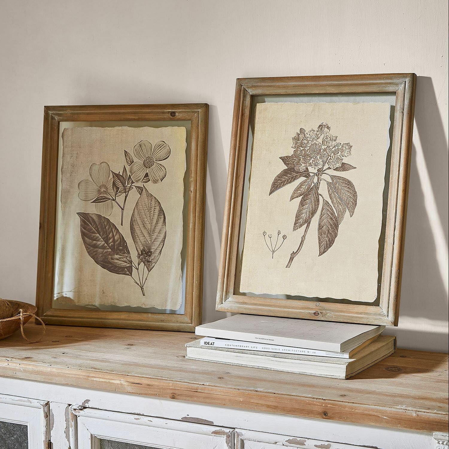Loberon Bild 2er Set Guyra, nostalgisch gemalte Blumen, faszinierender Vintage-Stil, Wanddekoration, Tannenholz, Papier, Glas, beige/braun