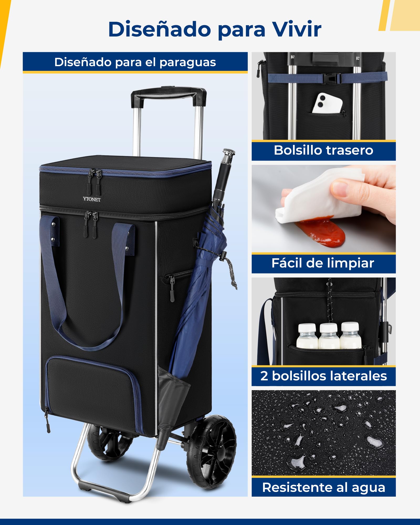 Ytonet Carro de la Compra Plegable Grande 55l, Carrito de la Compra Plegable 2 Ruedas con Bolsa de Compras Desmontable Compartimento Aislante y Forro Impermeable Shopping Trolley para Camping, Negro