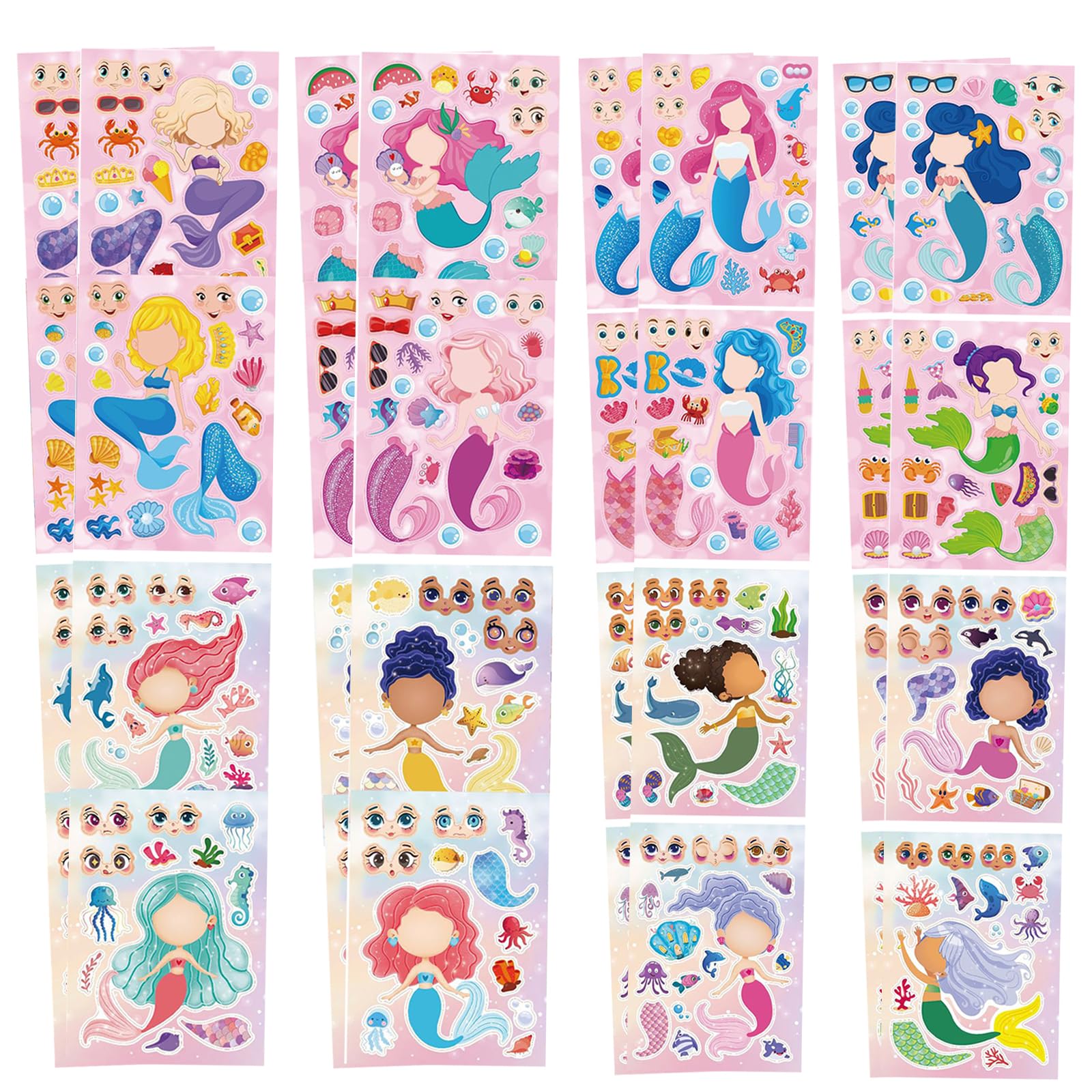 32 PCS Stickers for Kids Party Bag fillers Mermaid Stickers Make a face Stickers for Kids Sticker Sheets for Children Stickers for Party Bags Kids Party Favor Supplies