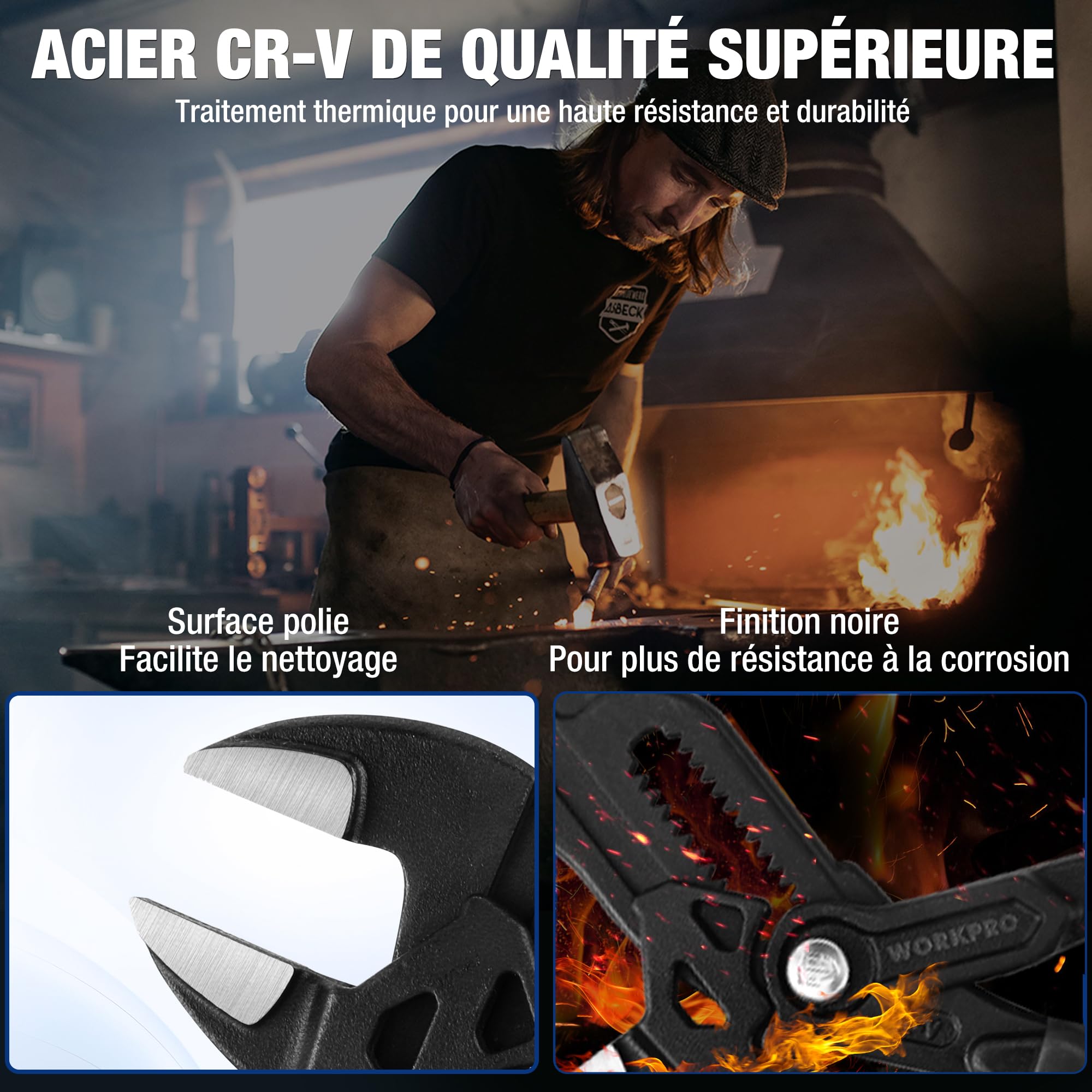 WORKPRO Jeu de 2 Clés à Pince 180 et 255 mm, Pince Multiprise en Acier Cr-V, Serrage Rapide, Ouverture Maximale de 40/50 mm, Polyvalente pour Serrage et Ajustement