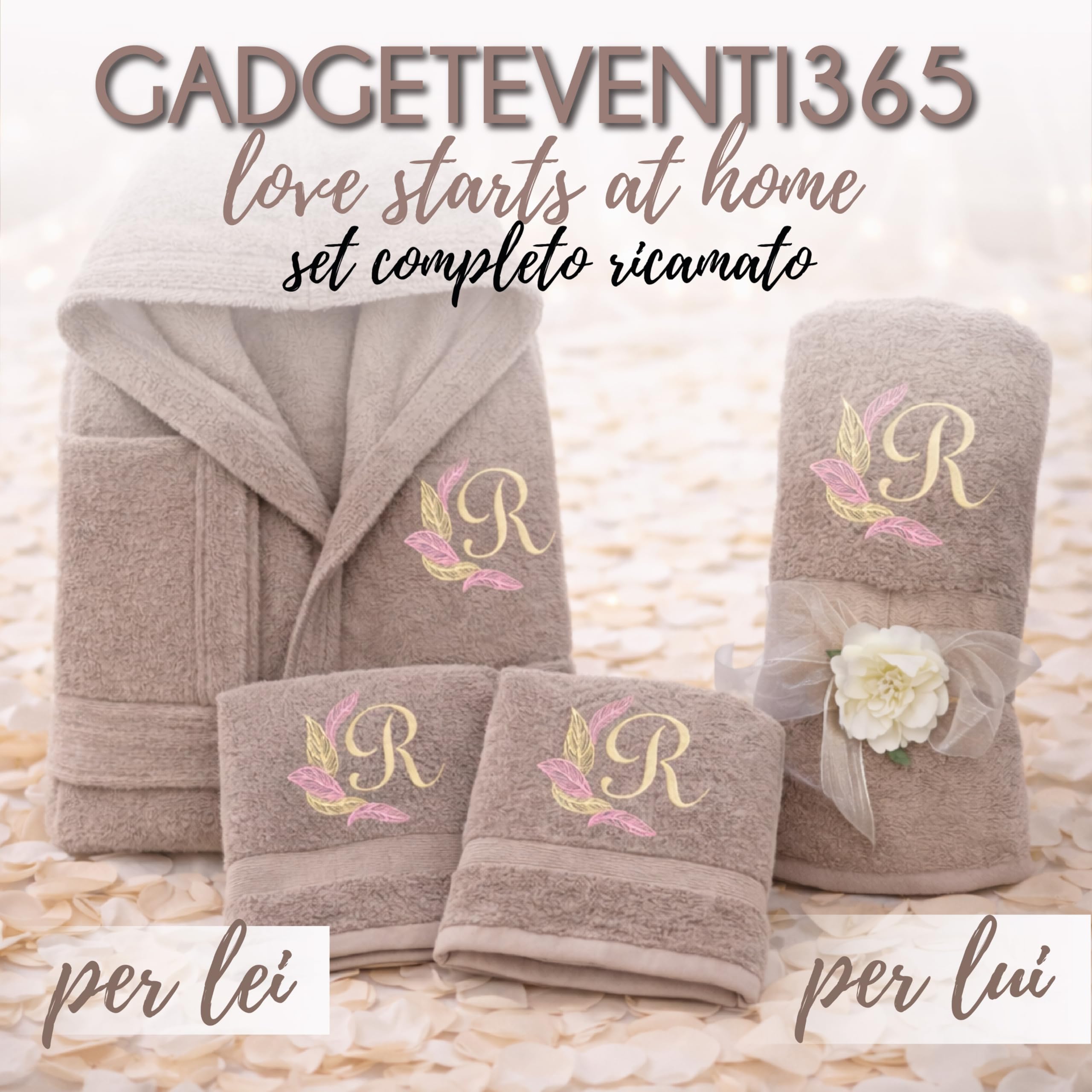 D&Vlab Kit Set 4 pz Accappatoio e 2 Asciugamani viso e bidet + Telo Doccia Grande Personalizzati con Nome Ricamati - in morbida spugna di cotone - Idea regalo per Uomo Donna Lui e Lei CORNICE DECORO