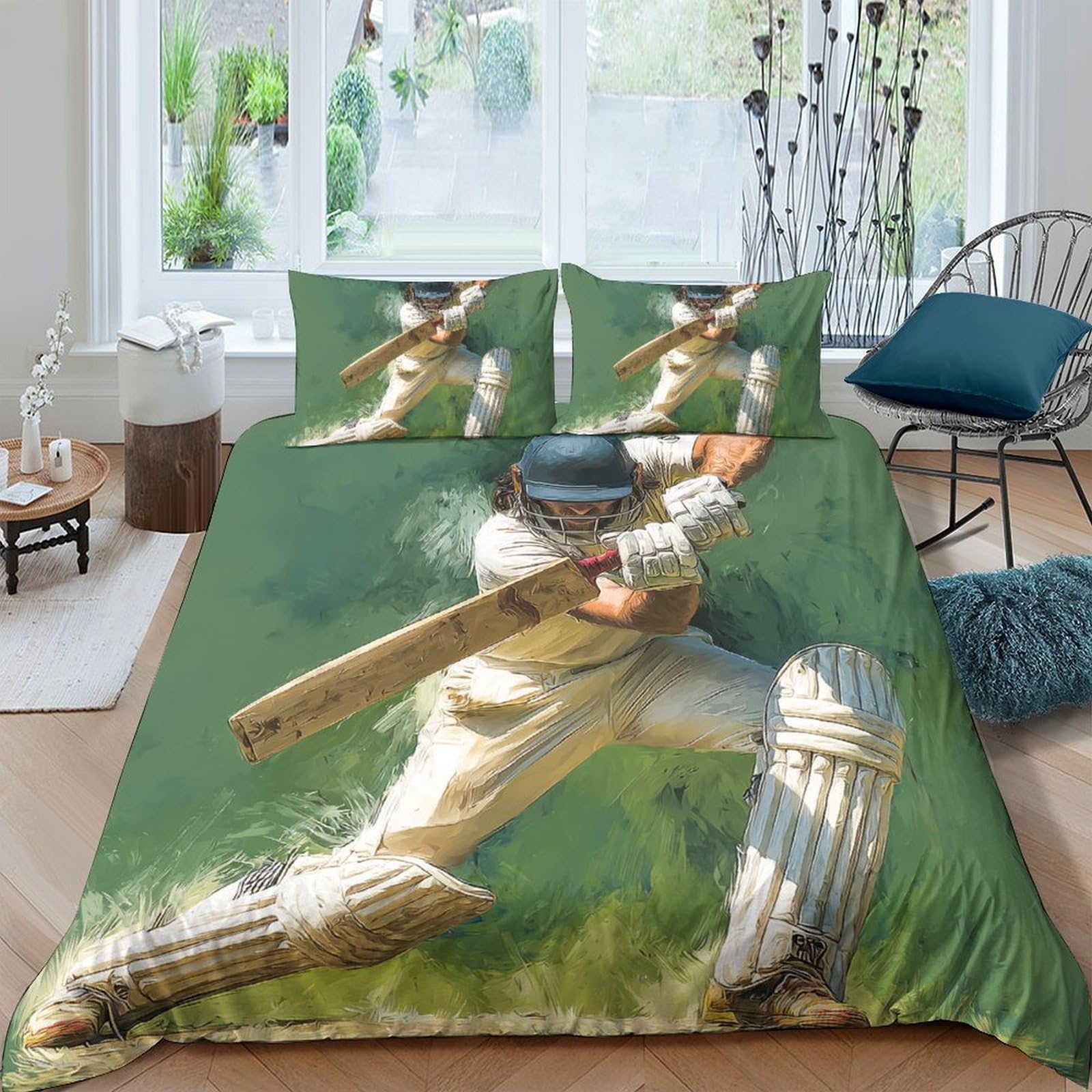 Ctjqhvkz Style-2 3D Printed Cricket Player Fitted Sheet Microfiber Green Sports Bed Cover Anti-Slip Easy Care For Bedroom Teen Room Single（135X200cm）