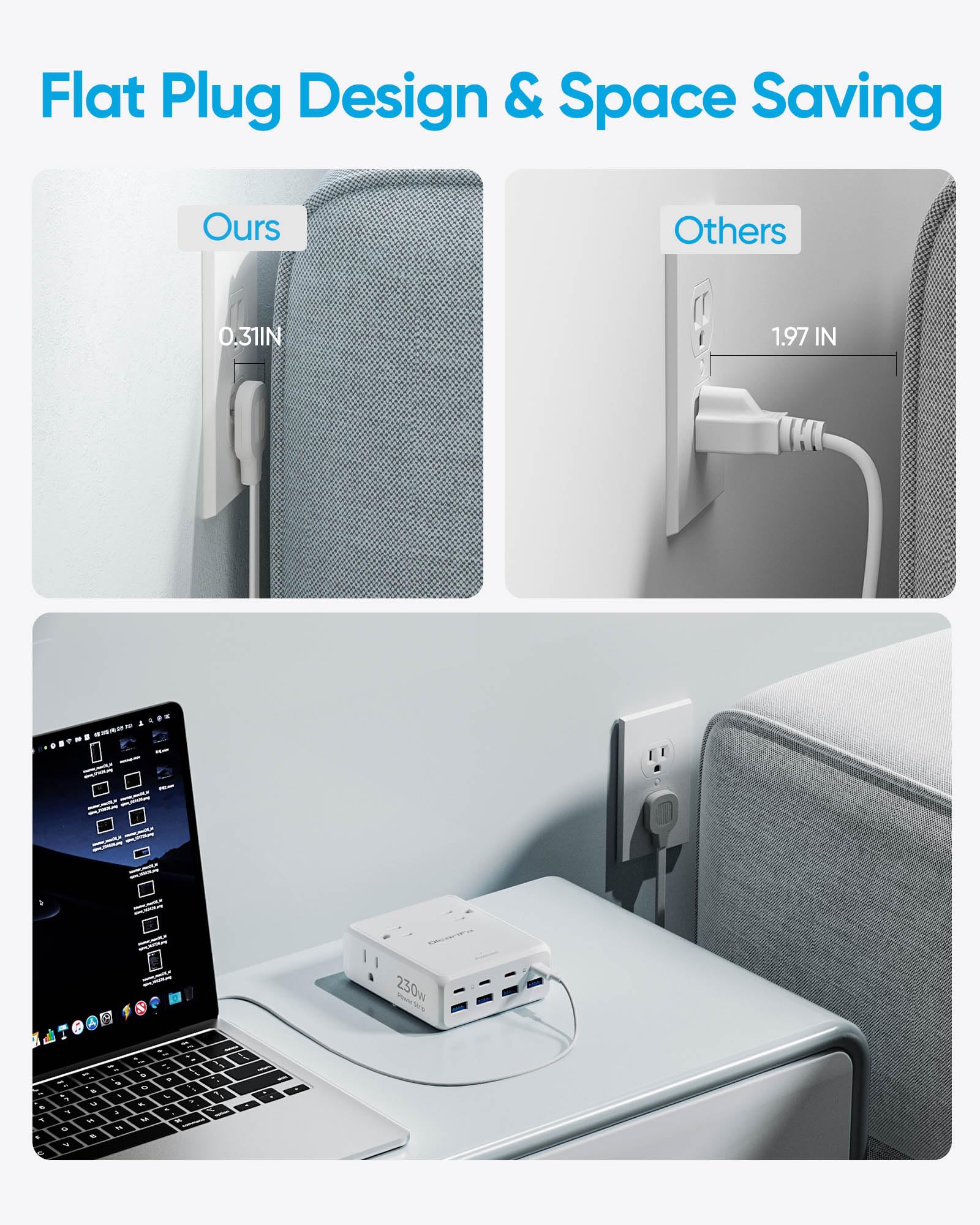 Olcorife - Multiprise USB 230 W, câble d'extension plat de 1,5 m avec 4 prises AC, 8 ports USB (4 USB C et 4 USB A) Protection contre les surtensions 2000 bandes de juillet